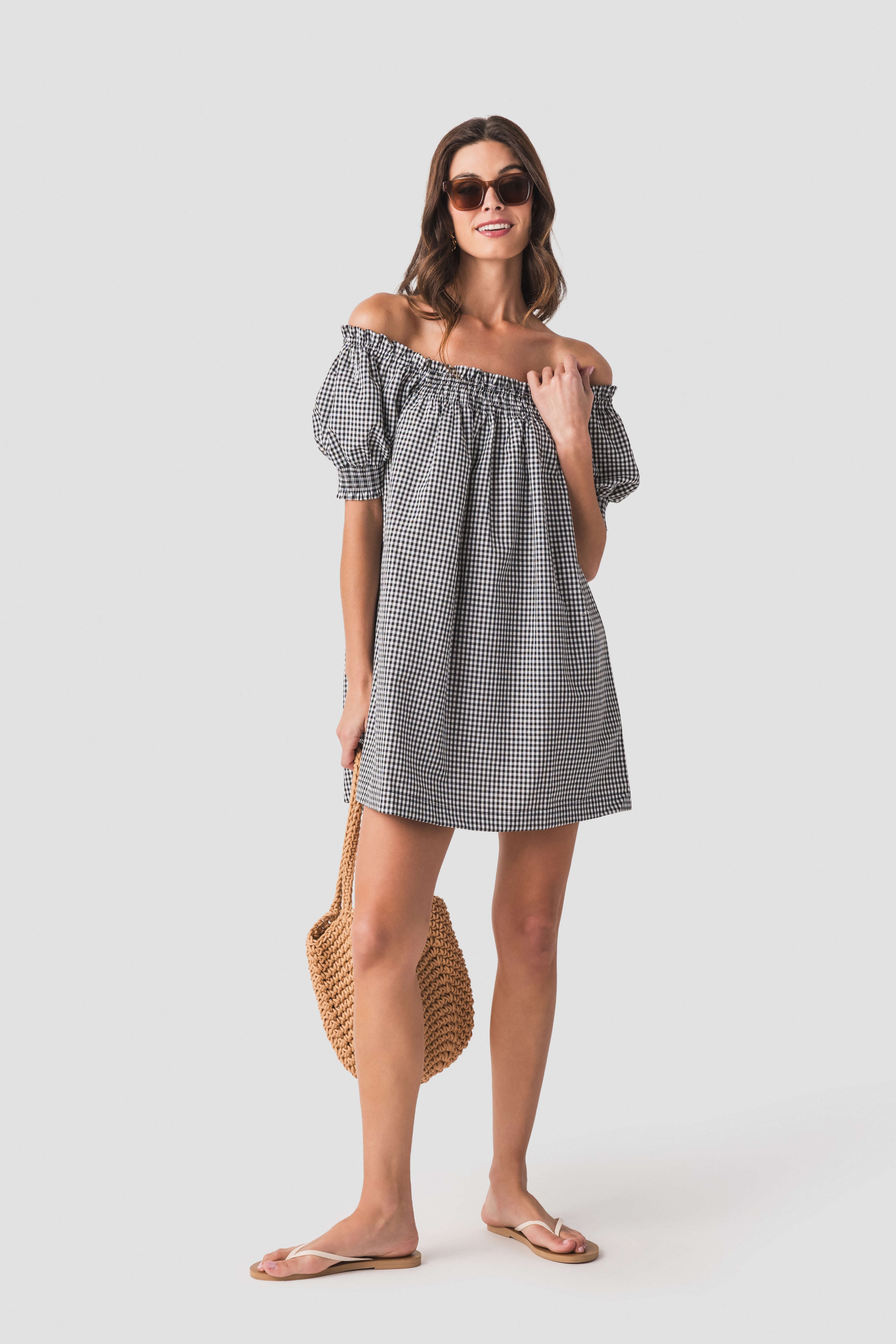 Olivaceous Gingham Puff Sleeve Mini Dress