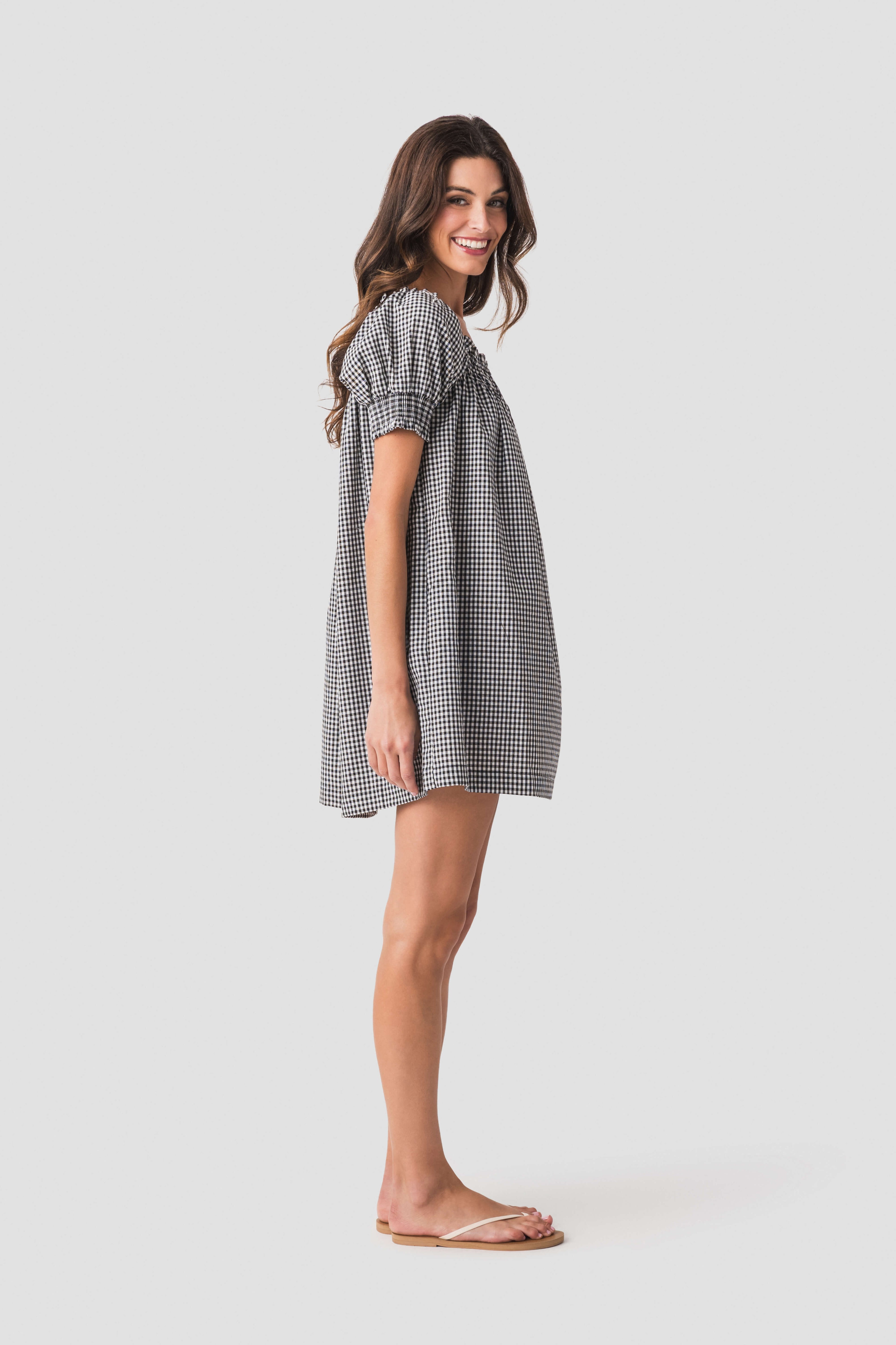 Olivaceous Gingham Puff Sleeve Mini Dress