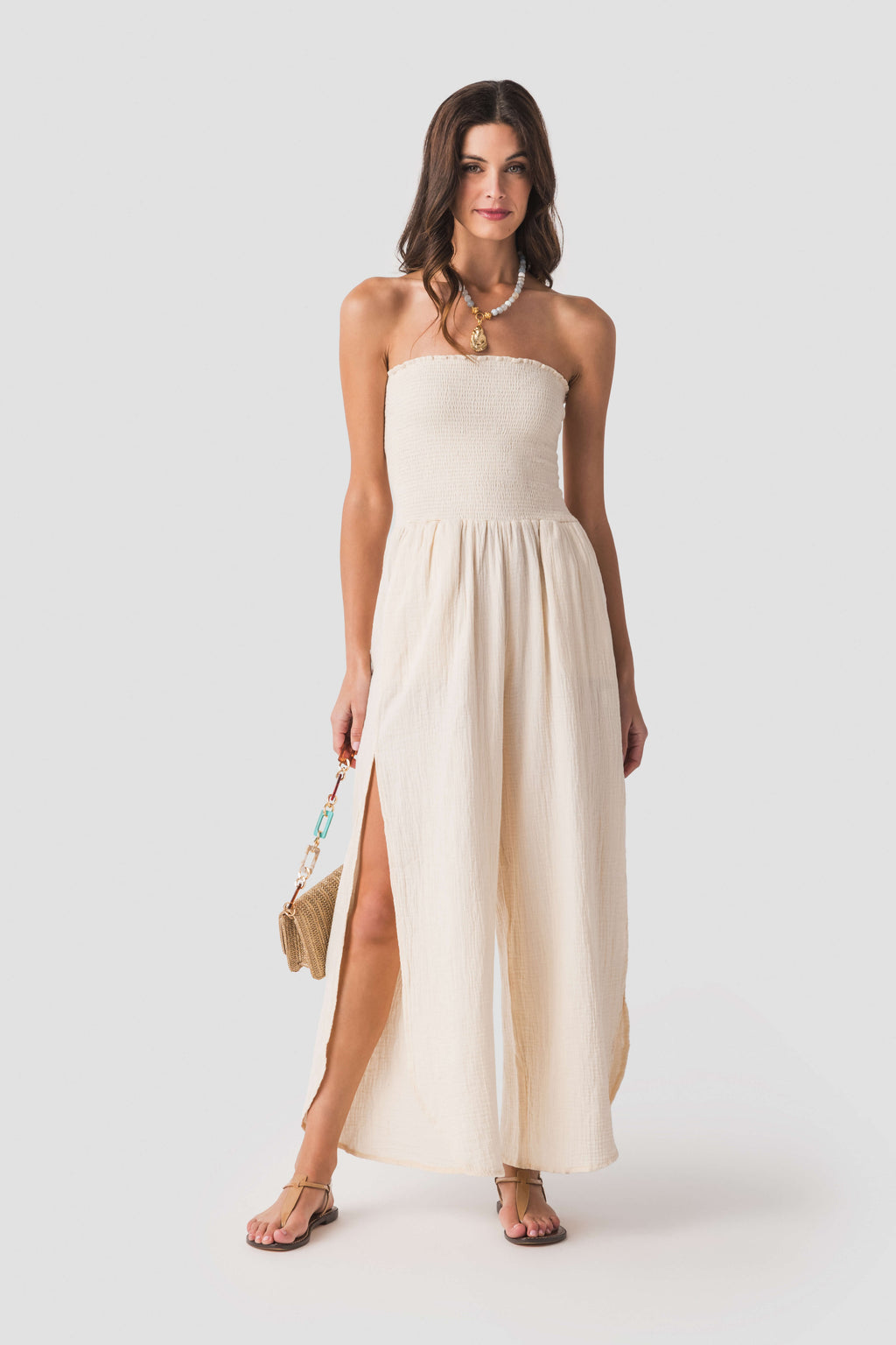 Elan Smocked Strapless Gauze Jumpsuit