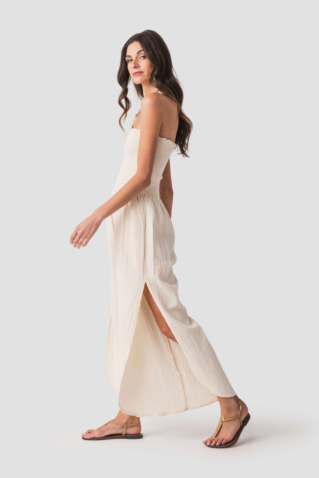 Elan Smocked Strapless Gauze Jumpsuit