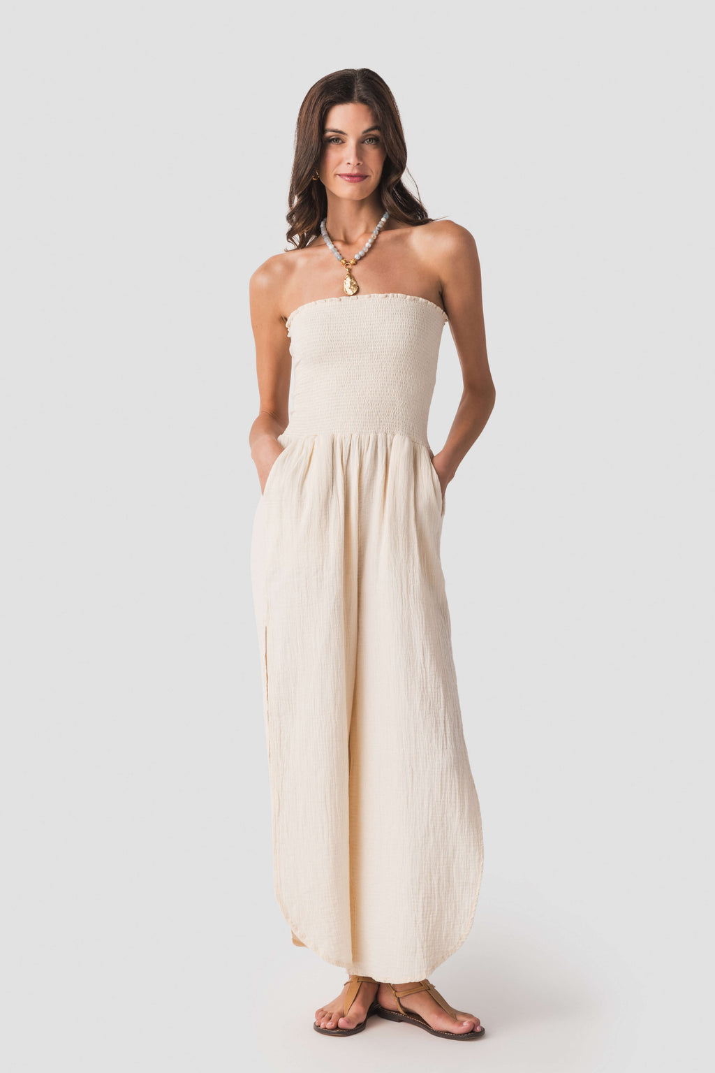 Elan Smocked Strapless Gauze Jumpsuit