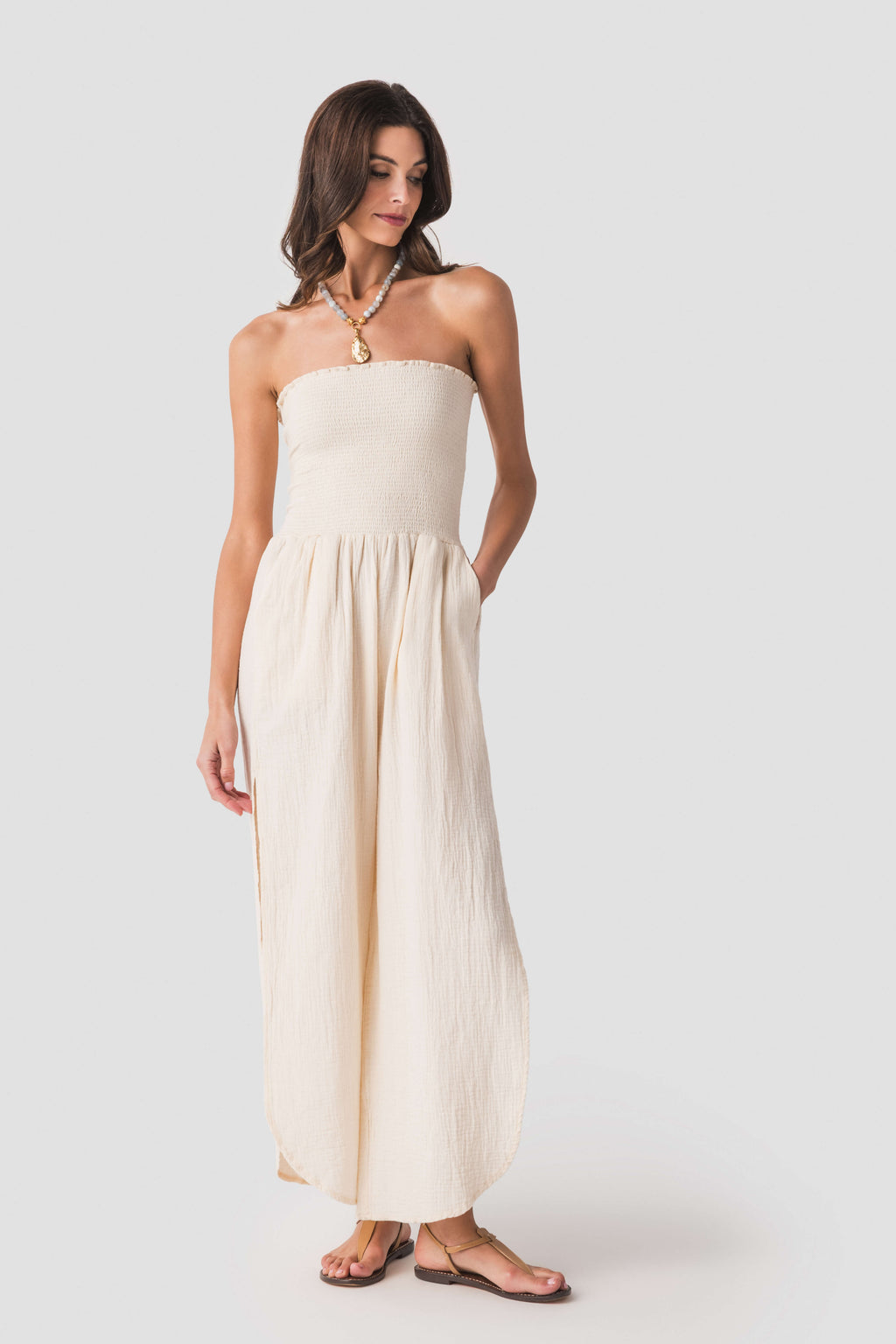 Elan Smocked Strapless Gauze Jumpsuit