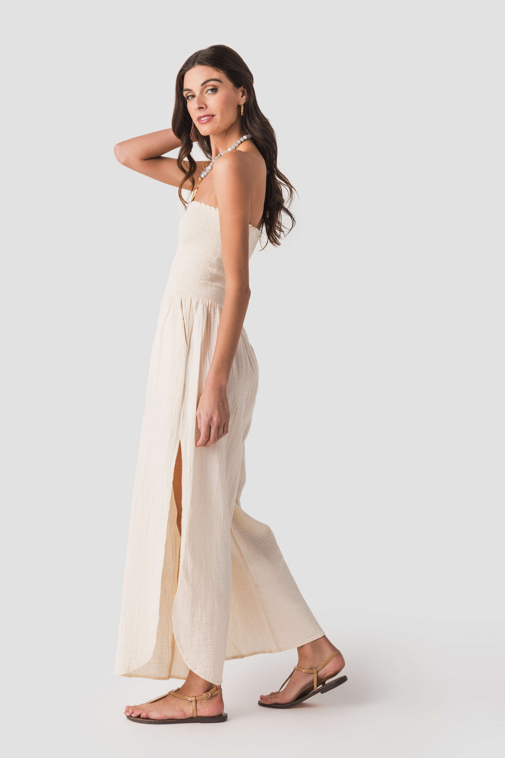 Elan Smocked Strapless Gauze Jumpsuit