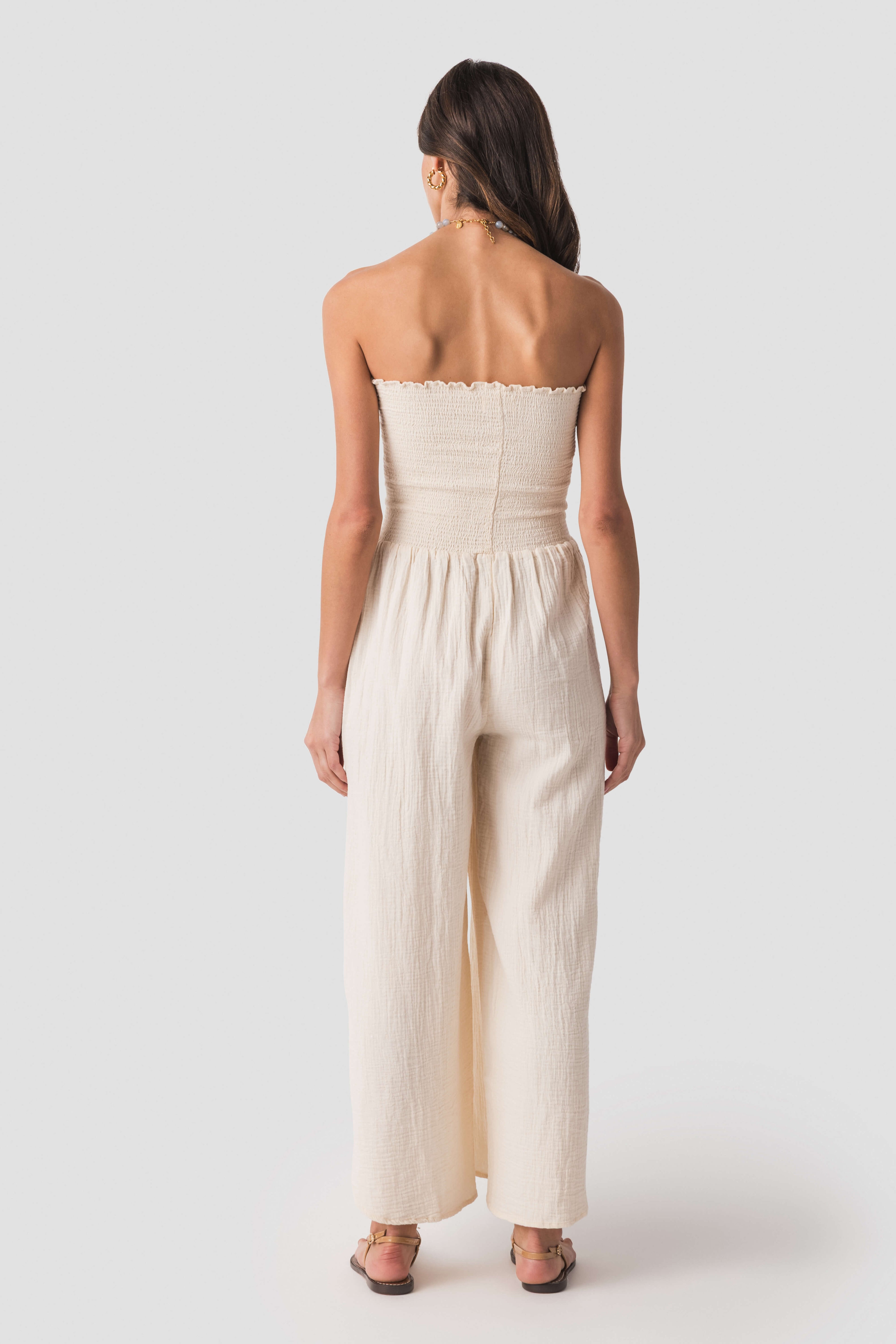 Elan Smocked Strapless Gauze Jumpsuit