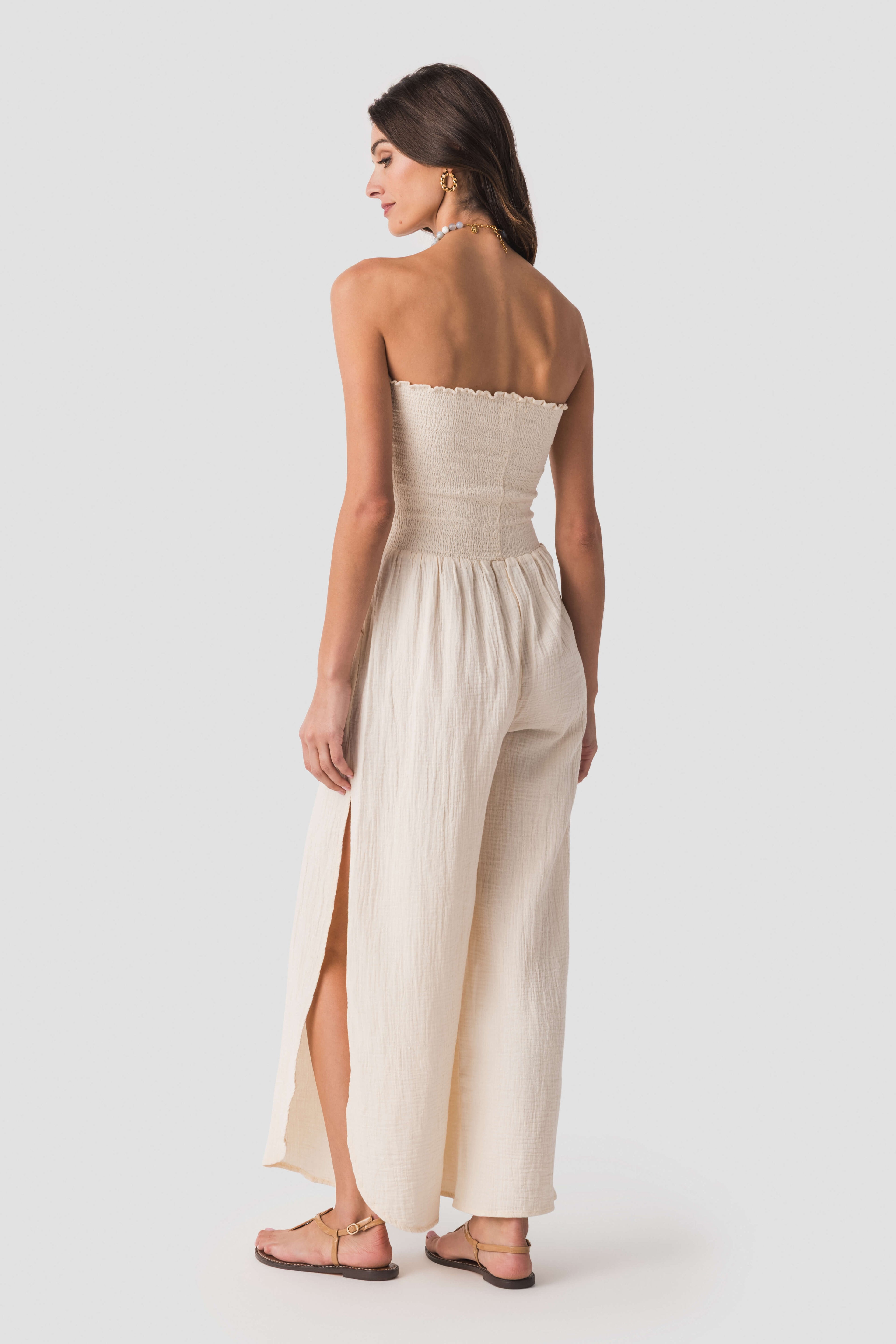 Elan Smocked Strapless Gauze Jumpsuit