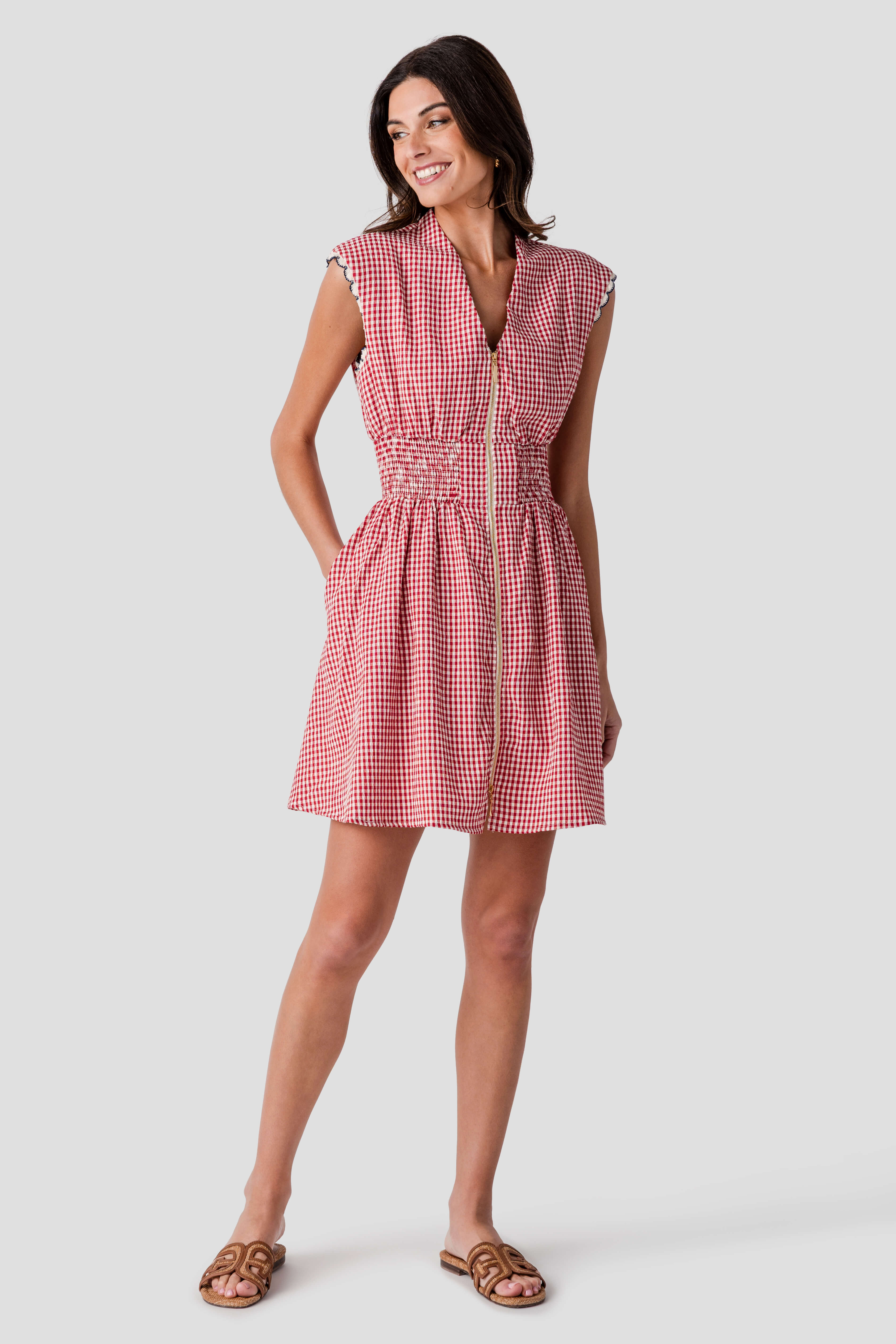 THML Gingham Cinched Waist Zip Mini Dress