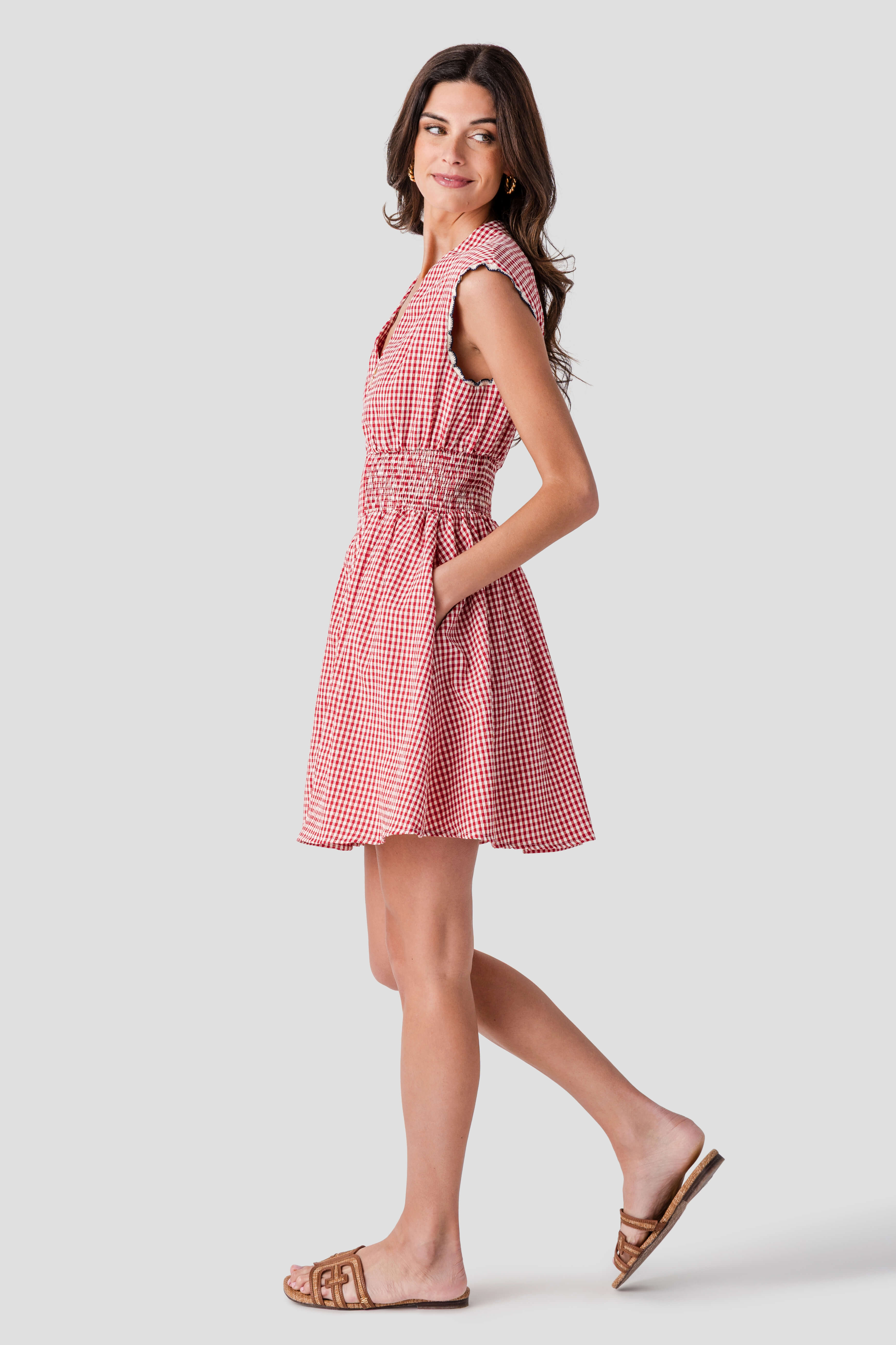 THML Gingham Cinched Waist Zip Mini Dress