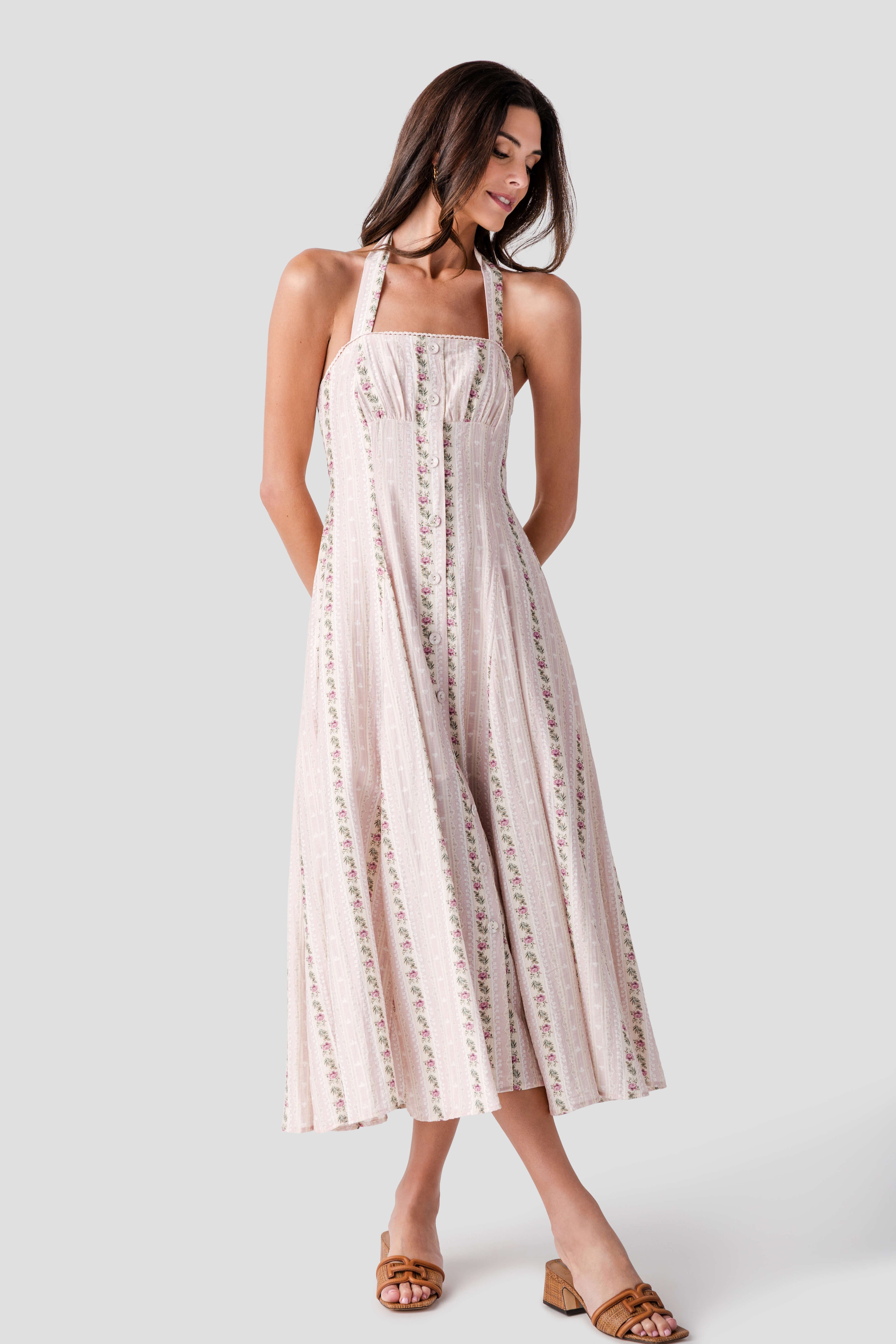 Dress Forum Rose Printed Halter Midi Dress