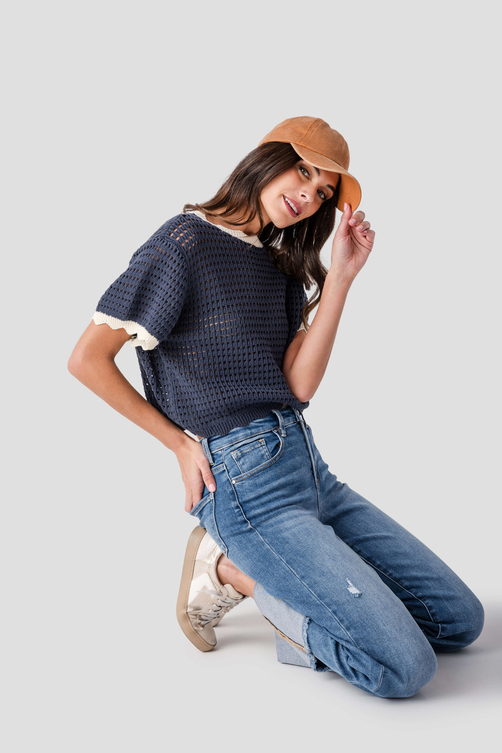 Miou Muse Scalloped Trim Knit Top