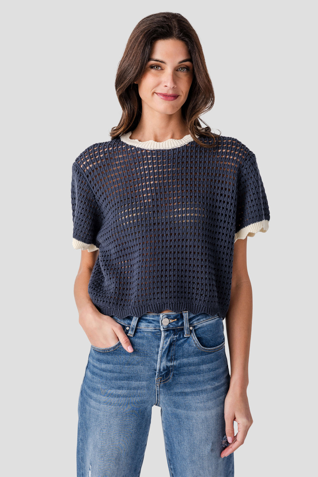 Miou Muse Scalloped Trim Knit Top