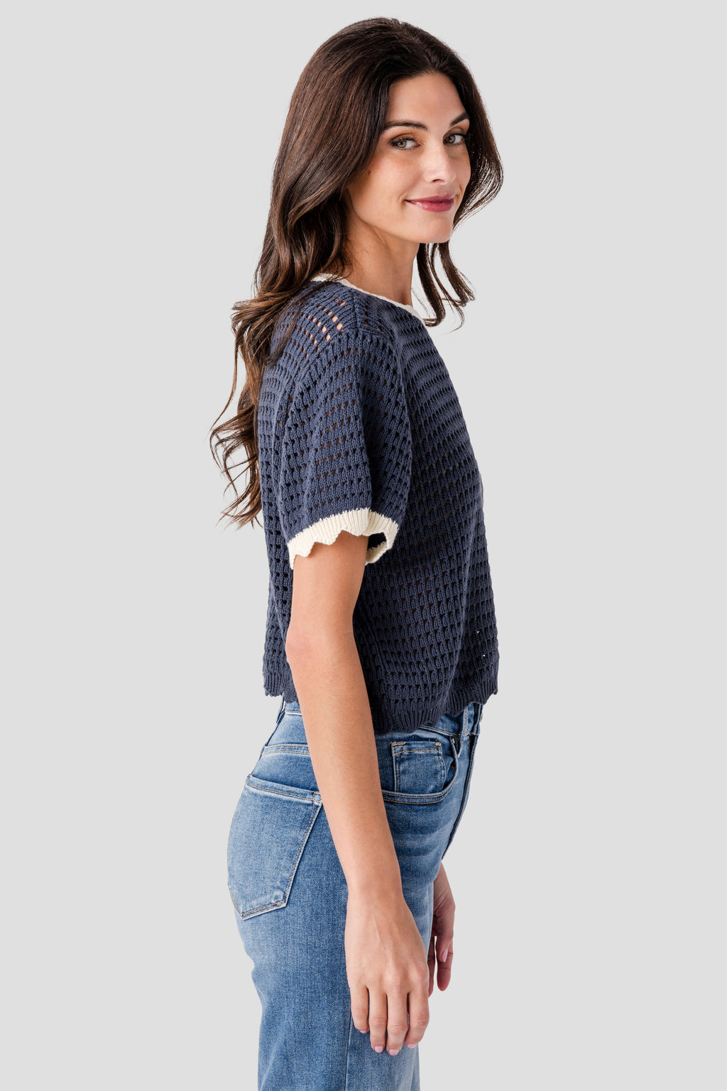 Miou Muse Scalloped Trim Knit Top