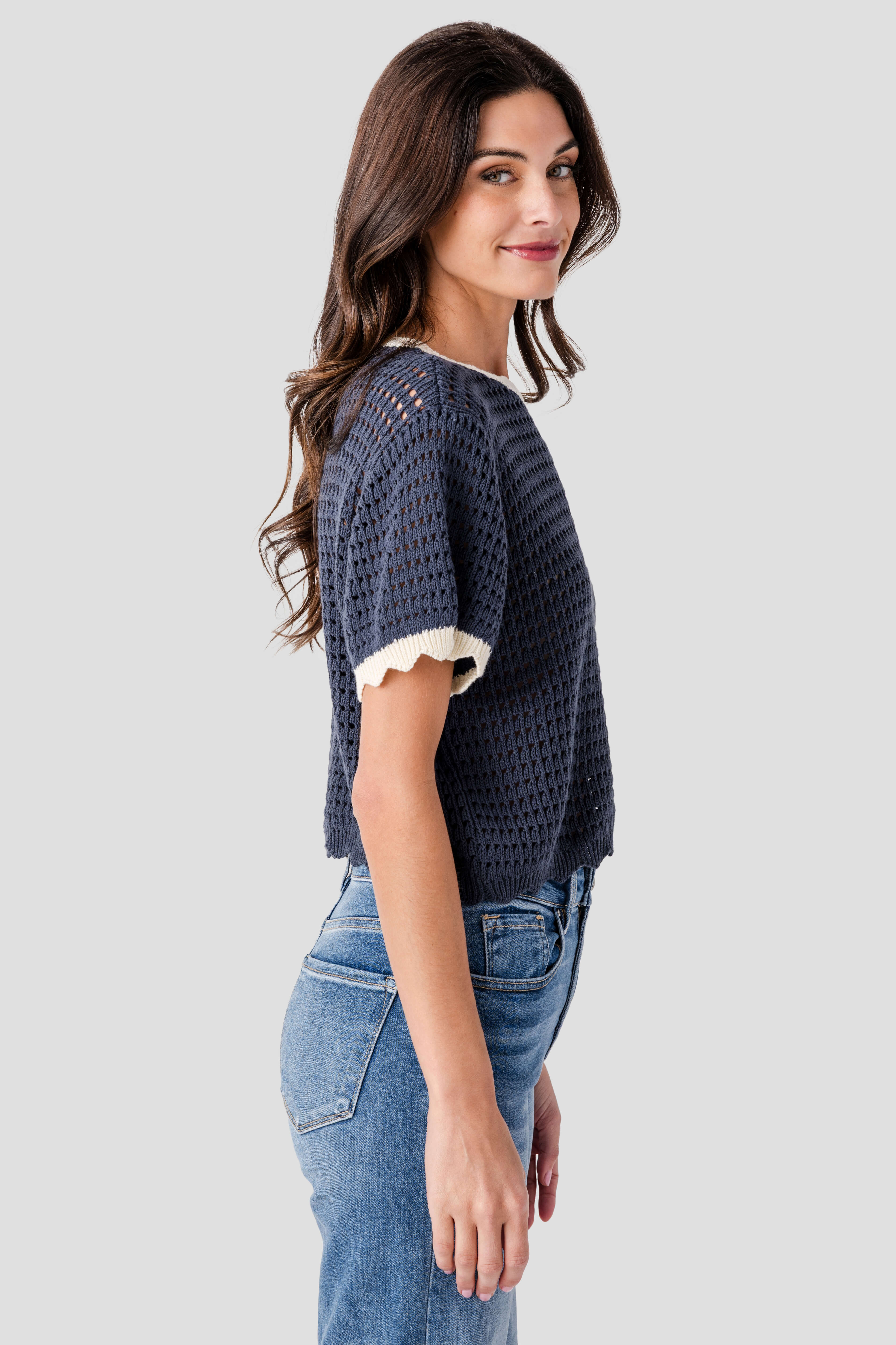 Miou Muse Scalloped Trim Knit Top