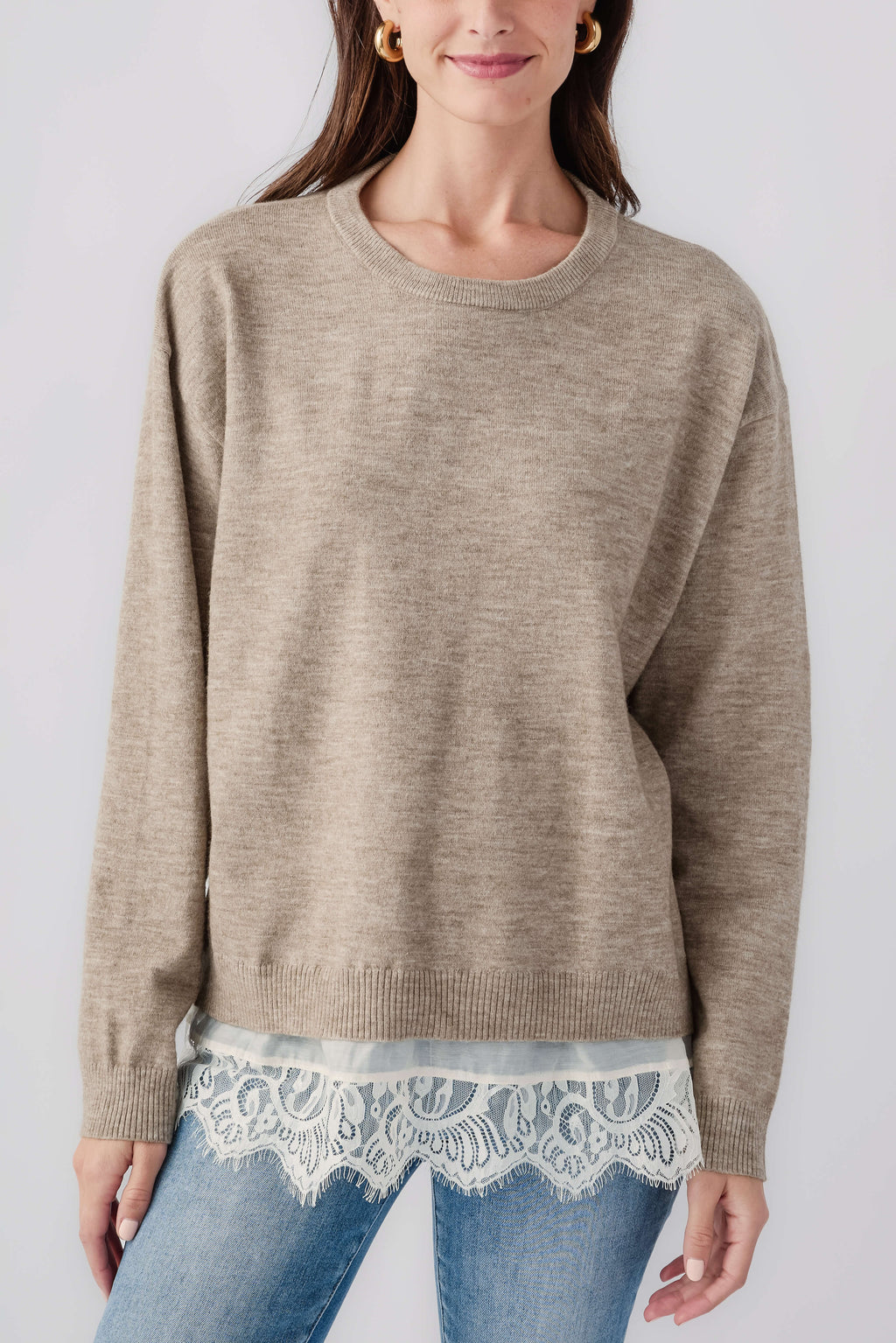 Heather mocha cream twofer sweater with crew neck, long sleeves, lace hem detail
