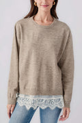 Heather mocha cream twofer sweater with crew neck, long sleeves, lace hem detail