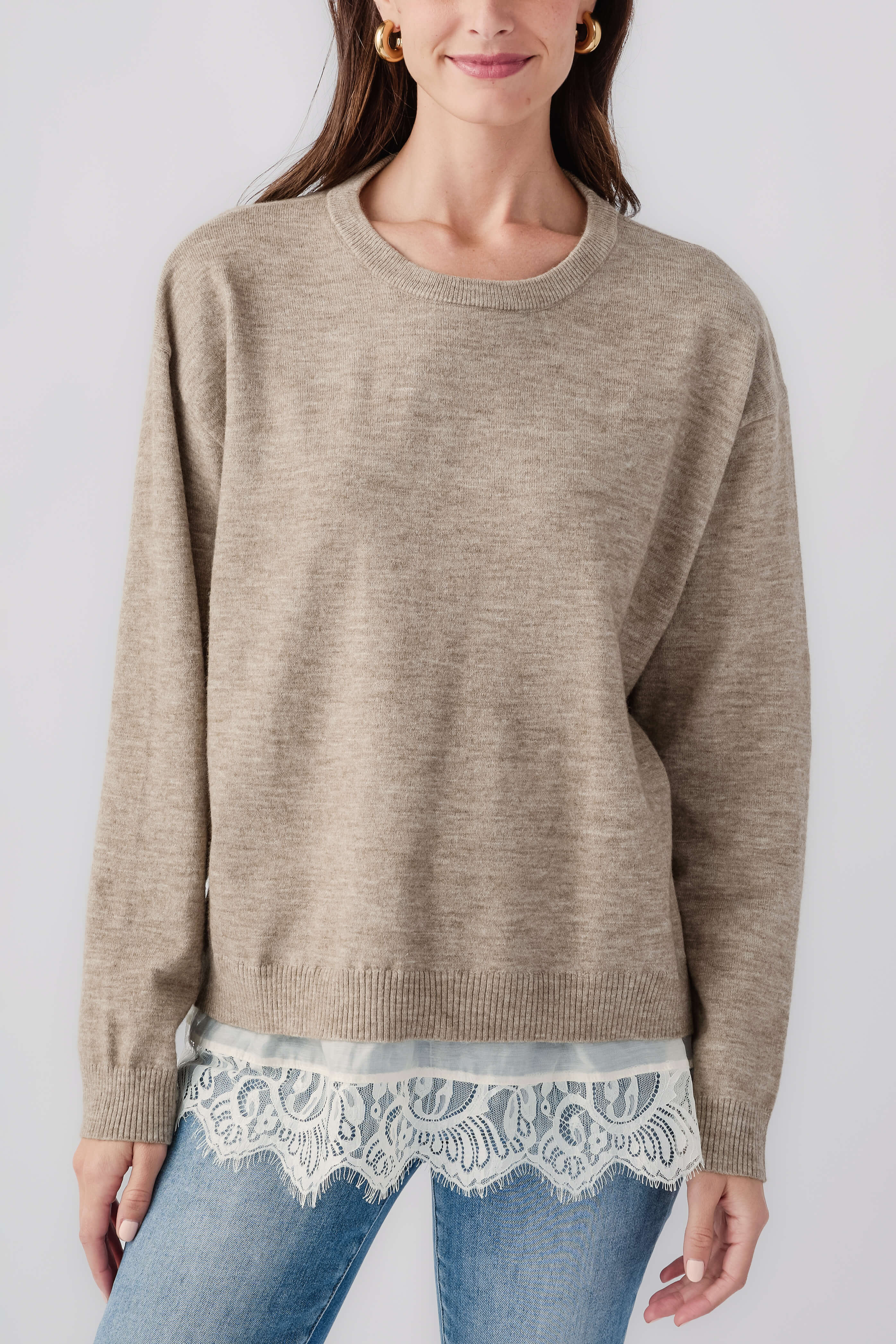 Heather mocha cream twofer sweater with crew neck, long sleeves, lace hem detail