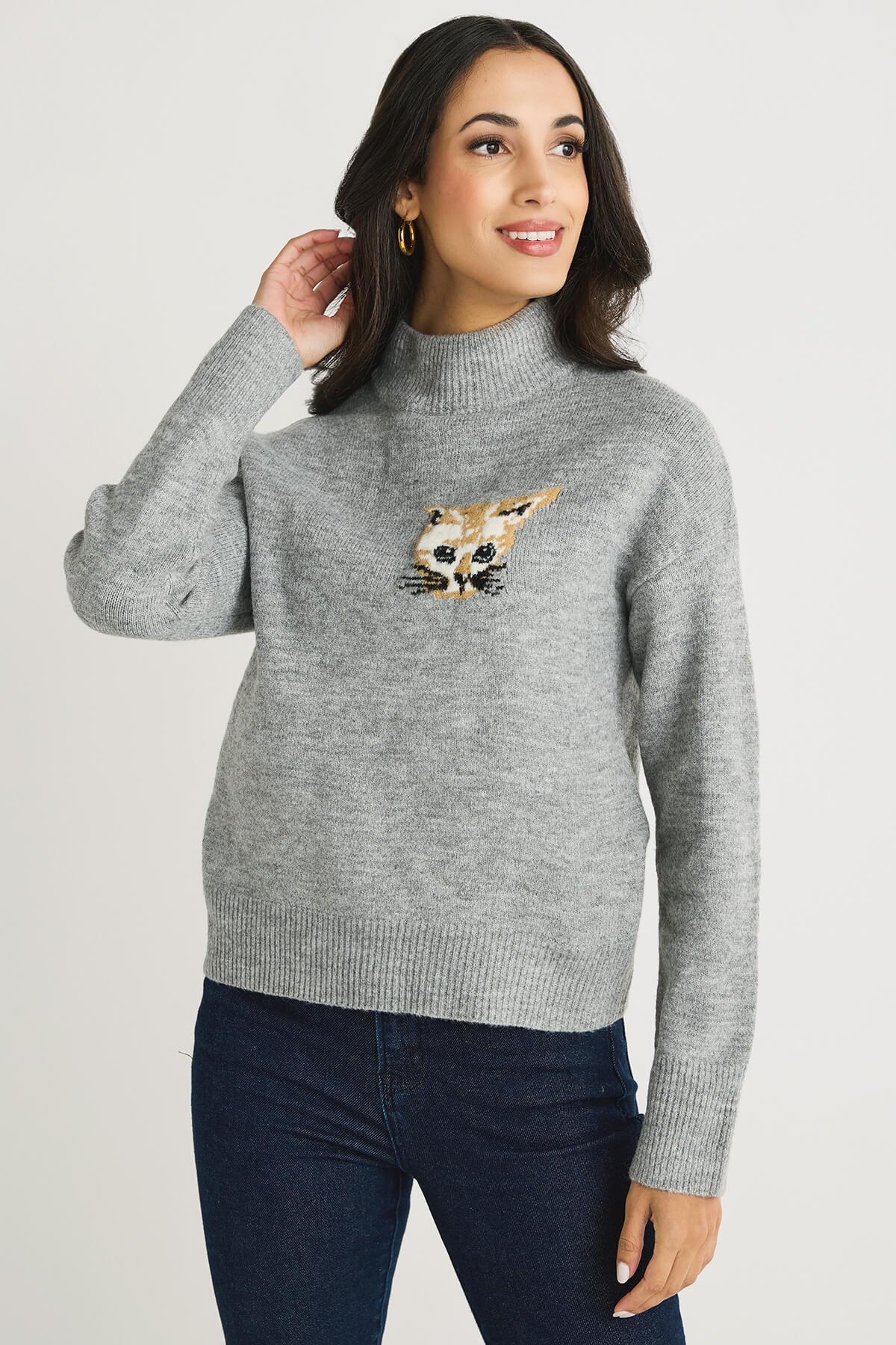 THML Kitty Intarsia Print Mockneck Sweater