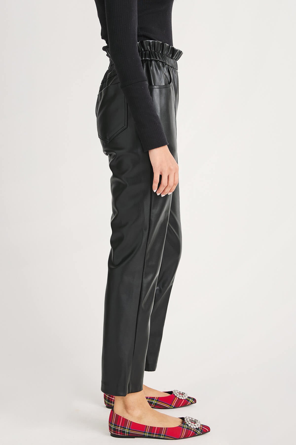 Elan Elastic Ruffle Waistband Faux Leather Pants