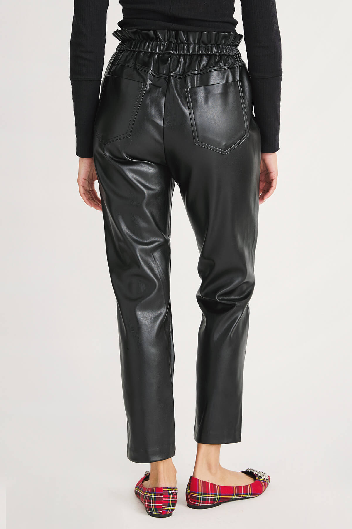 Elan Elastic Ruffle Waistband Faux Leather Pants