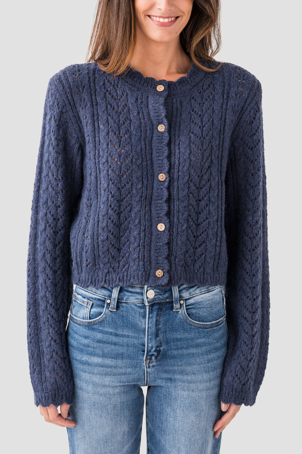 Miou Muse Button Front Cable Knit Cardigan
