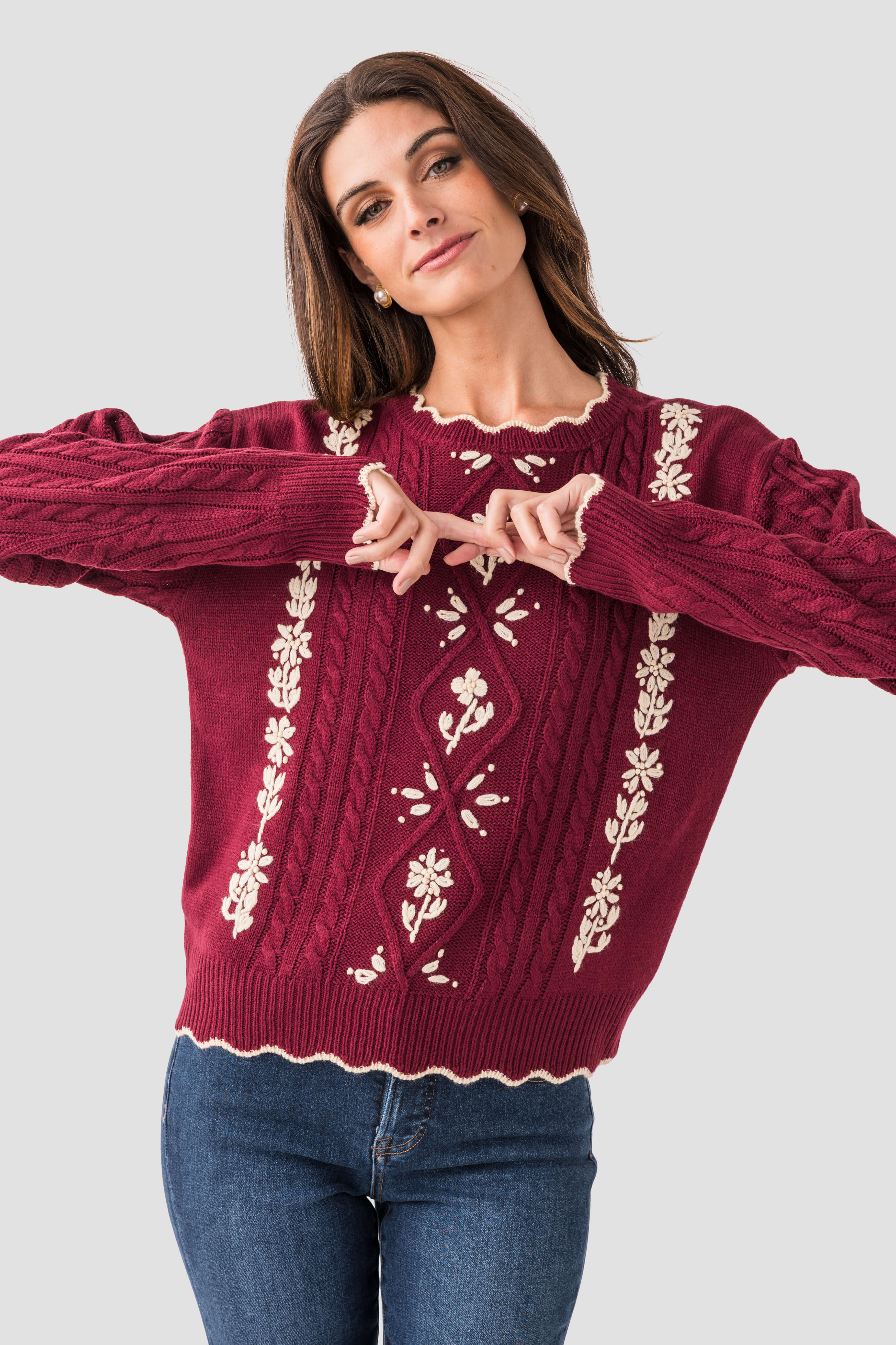 Listicle Floral Embroidered Cable Knit Sweater