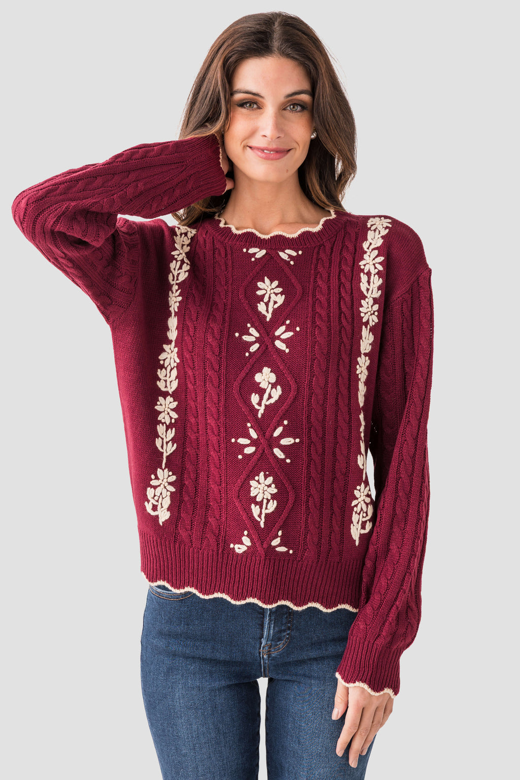 Listicle Floral Embroidered Cable Knit Sweater