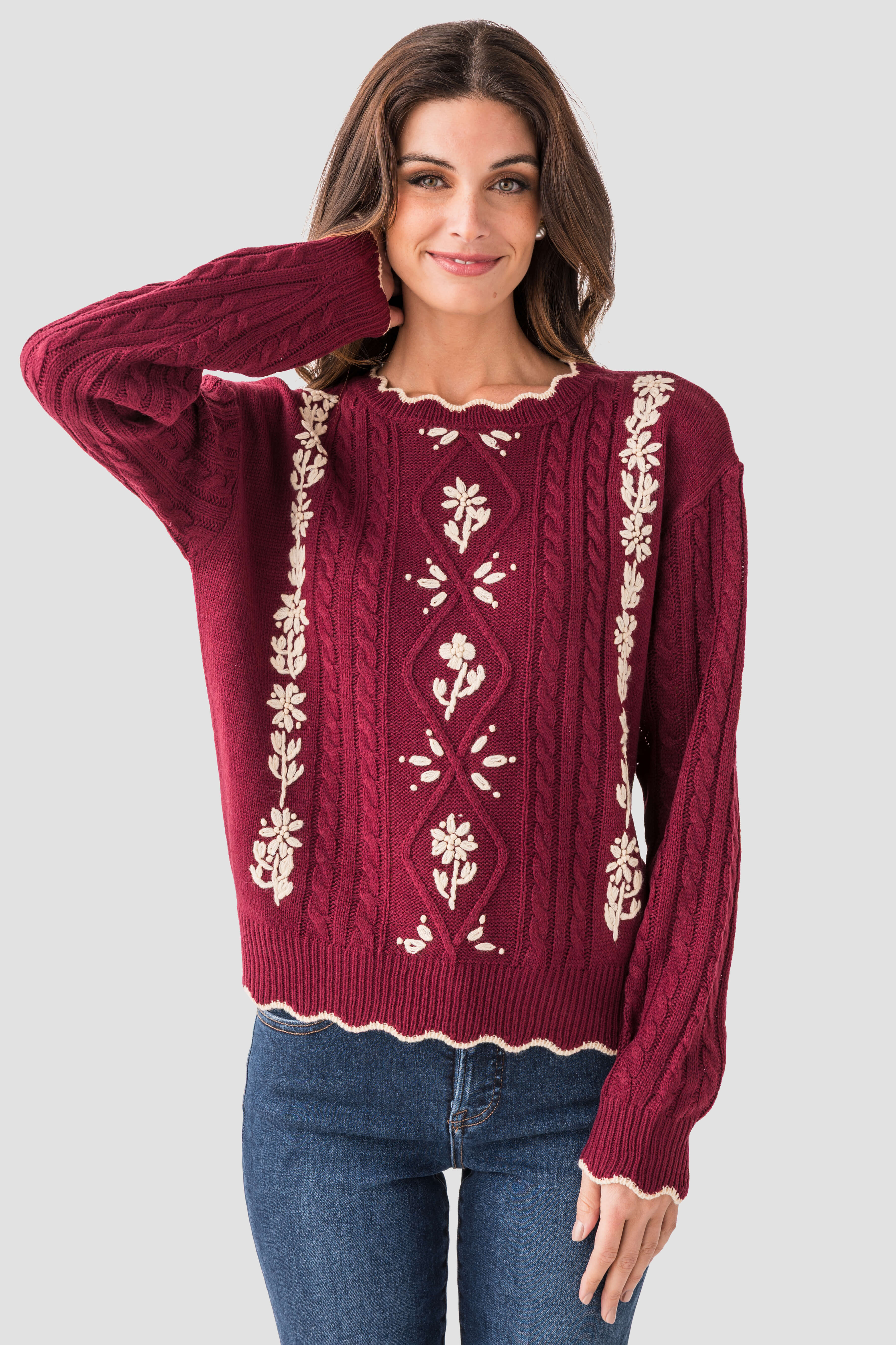 Listicle Floral Embroidered Cable Knit Sweater