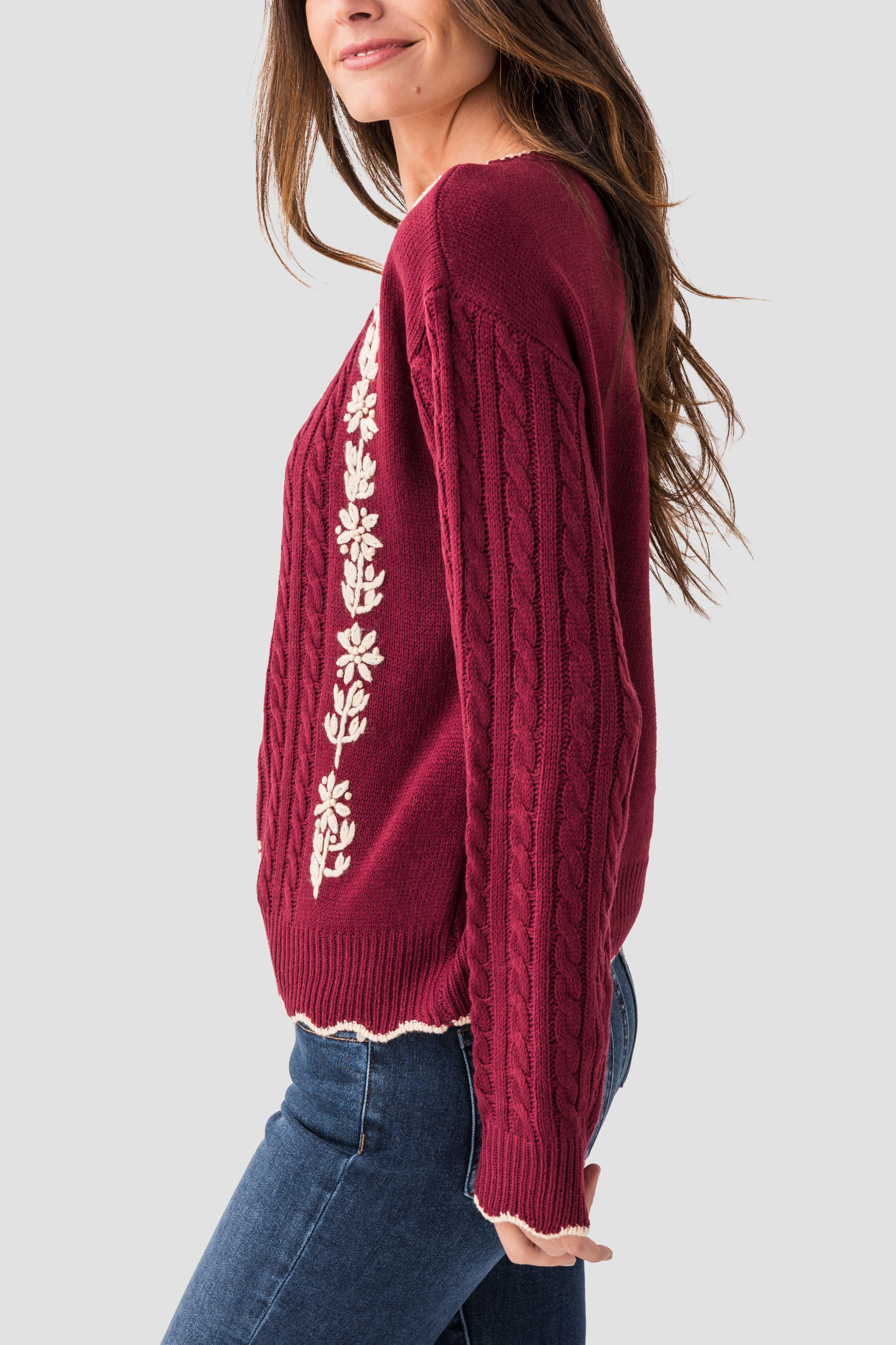 Listicle Floral Embroidered Cable Knit Sweater