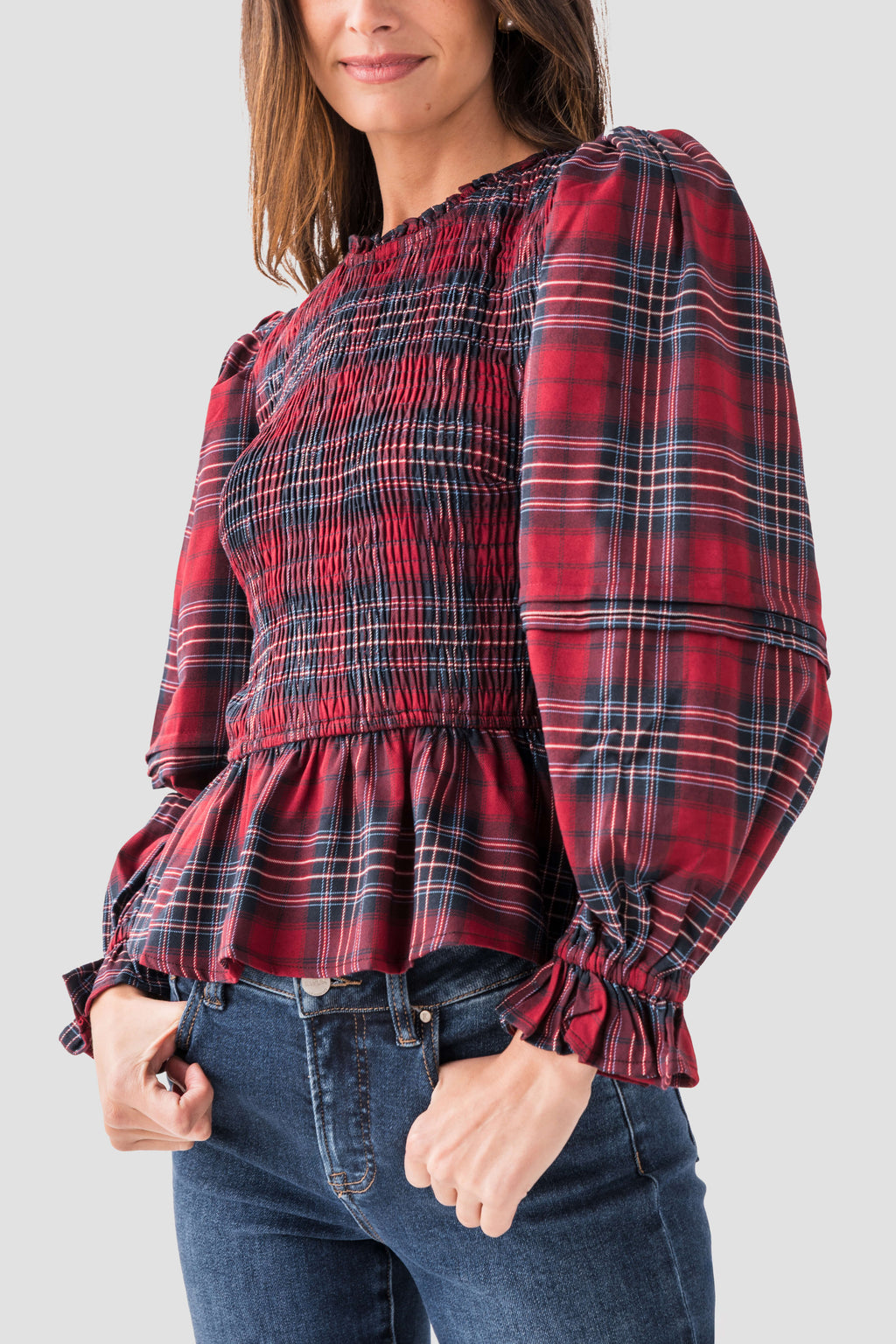 &Merci Smocked Plaid Puff Sleeve Peplum Top