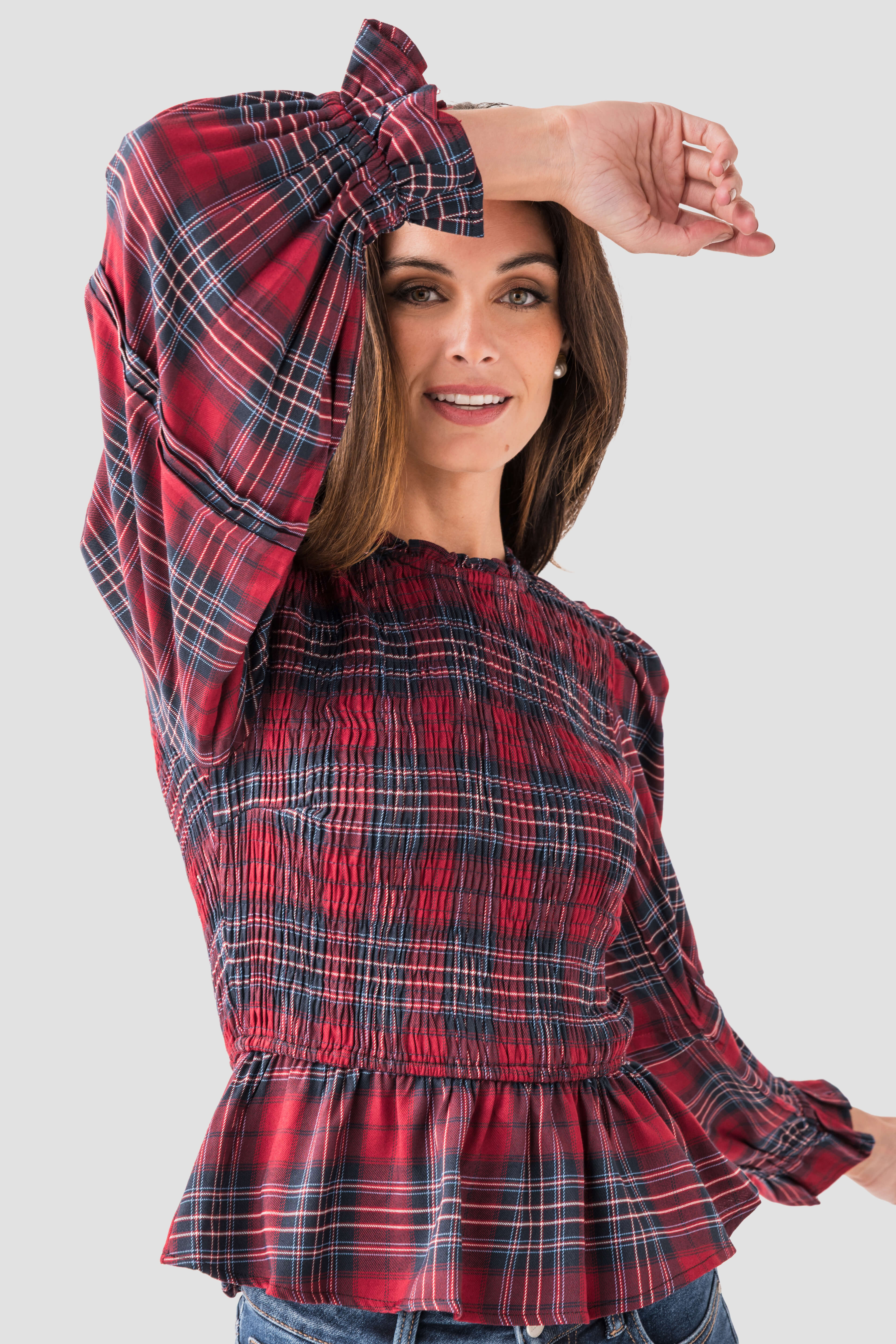&Merci Smocked Plaid Puff Sleeve Peplum Top – Social Threads