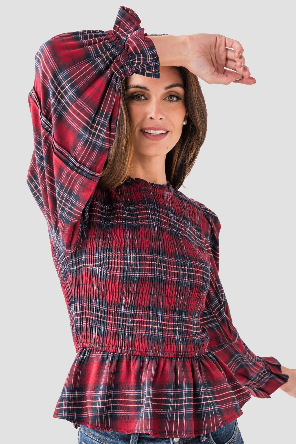 &Merci Smocked Plaid Puff Sleeve Peplum Top