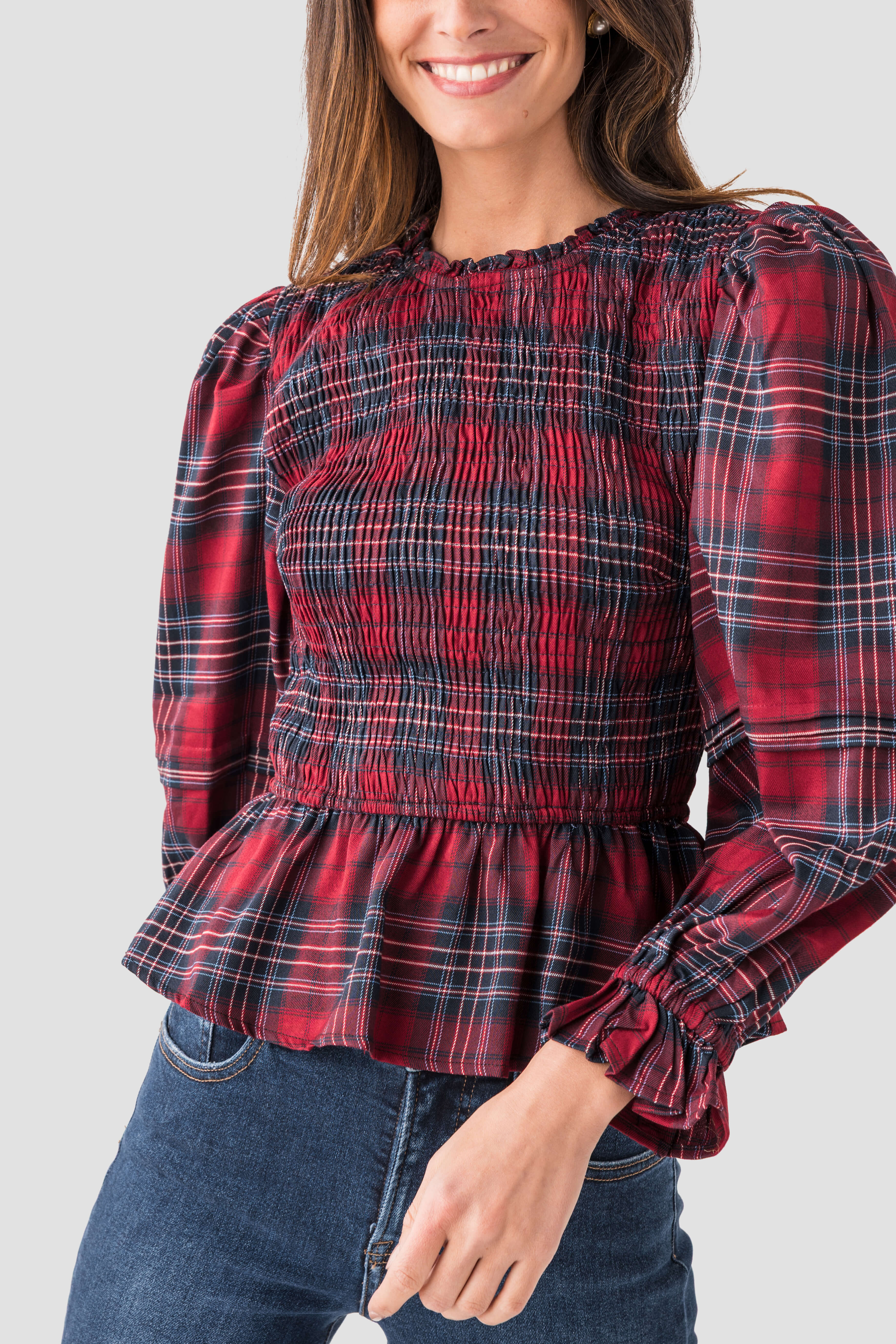 &Merci Smocked Plaid Puff Sleeve Peplum Top