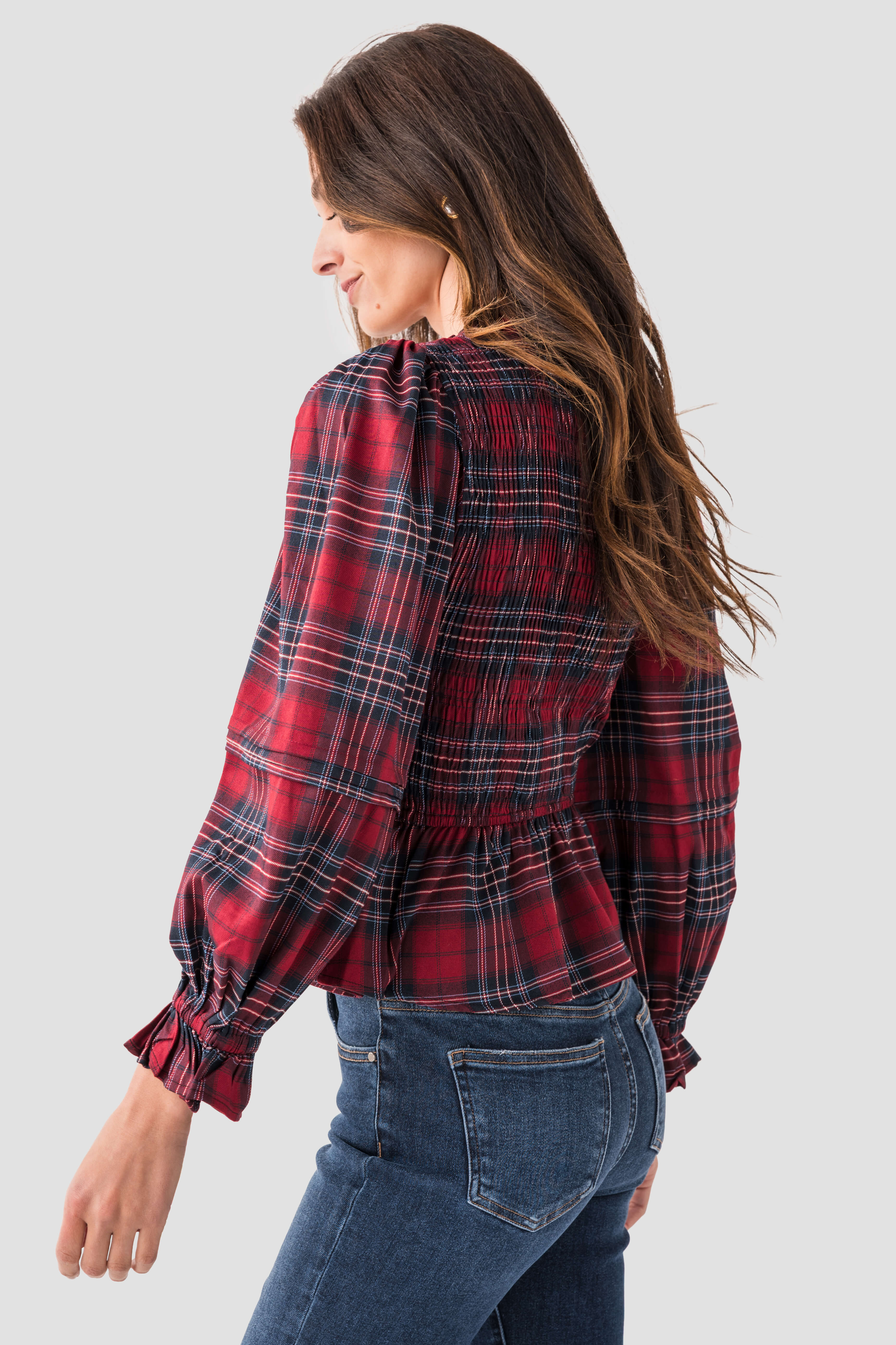 &Merci Smocked Plaid Puff Sleeve Peplum Top