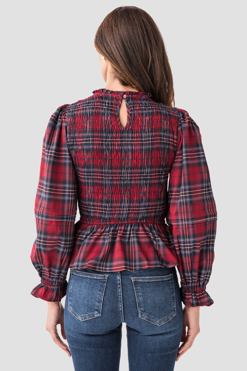 &Merci Smocked Plaid Puff Sleeve Peplum Top