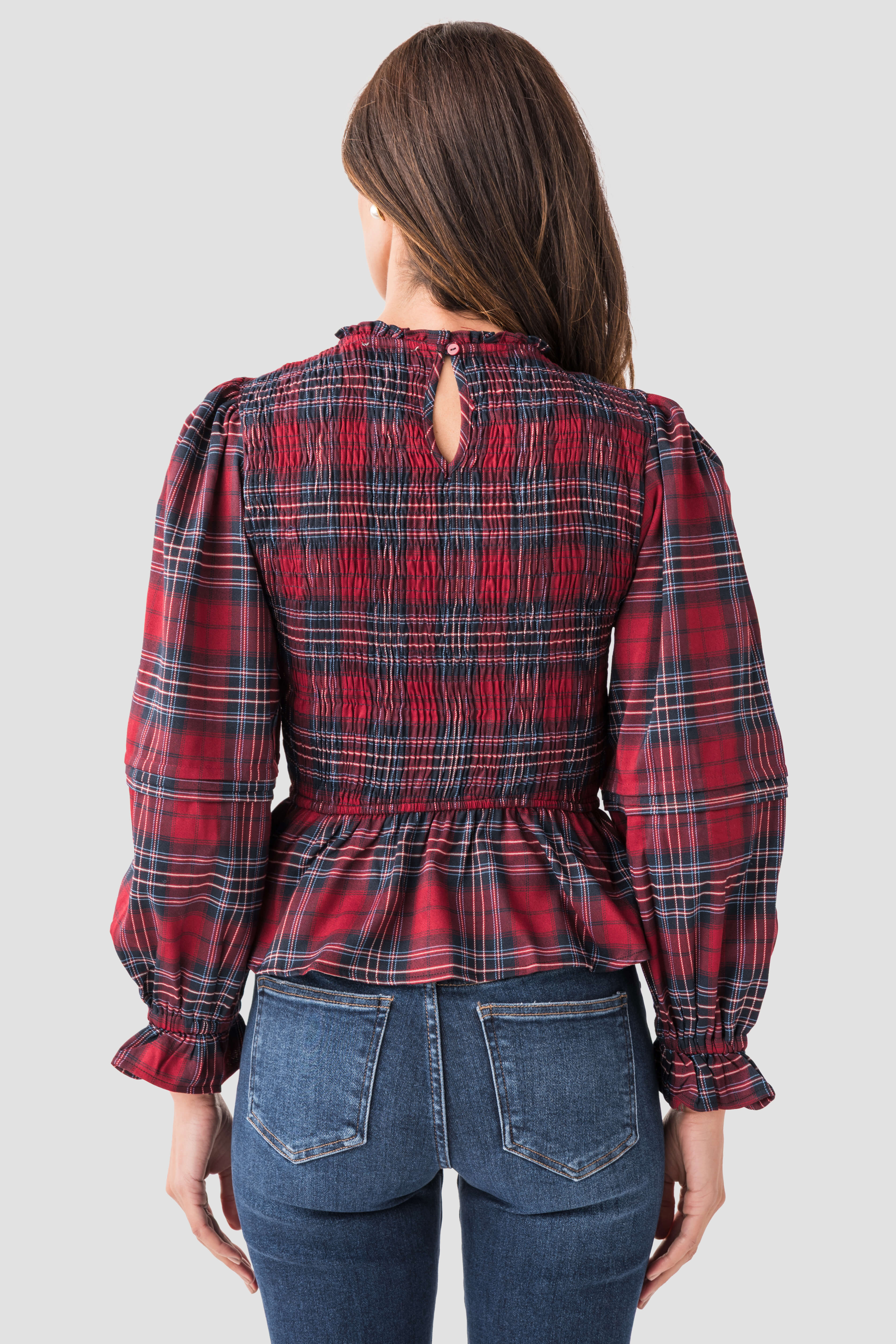 &Merci Smocked Plaid Puff Sleeve Peplum Top