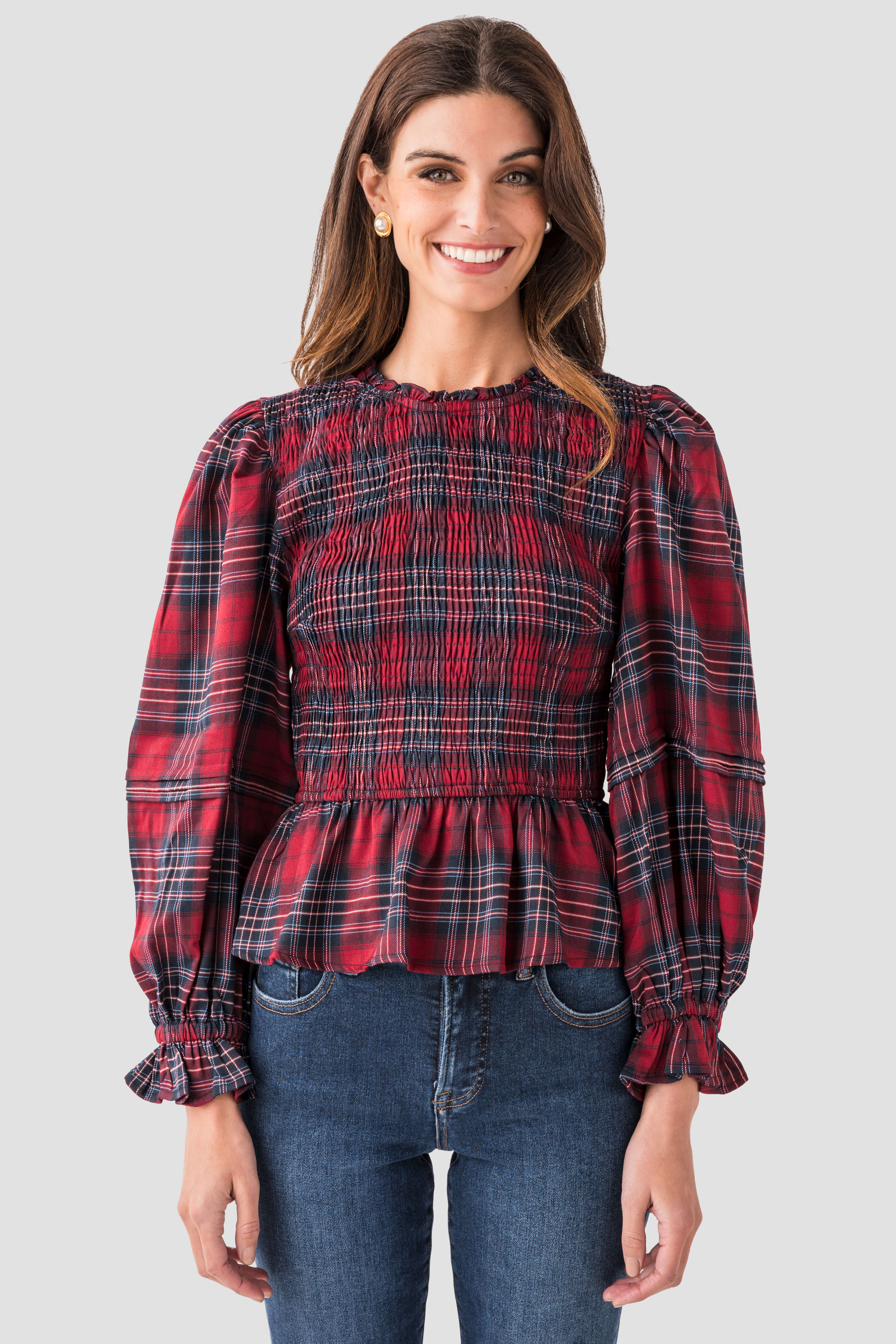 &Merci Smocked Plaid Puff Sleeve Peplum Top