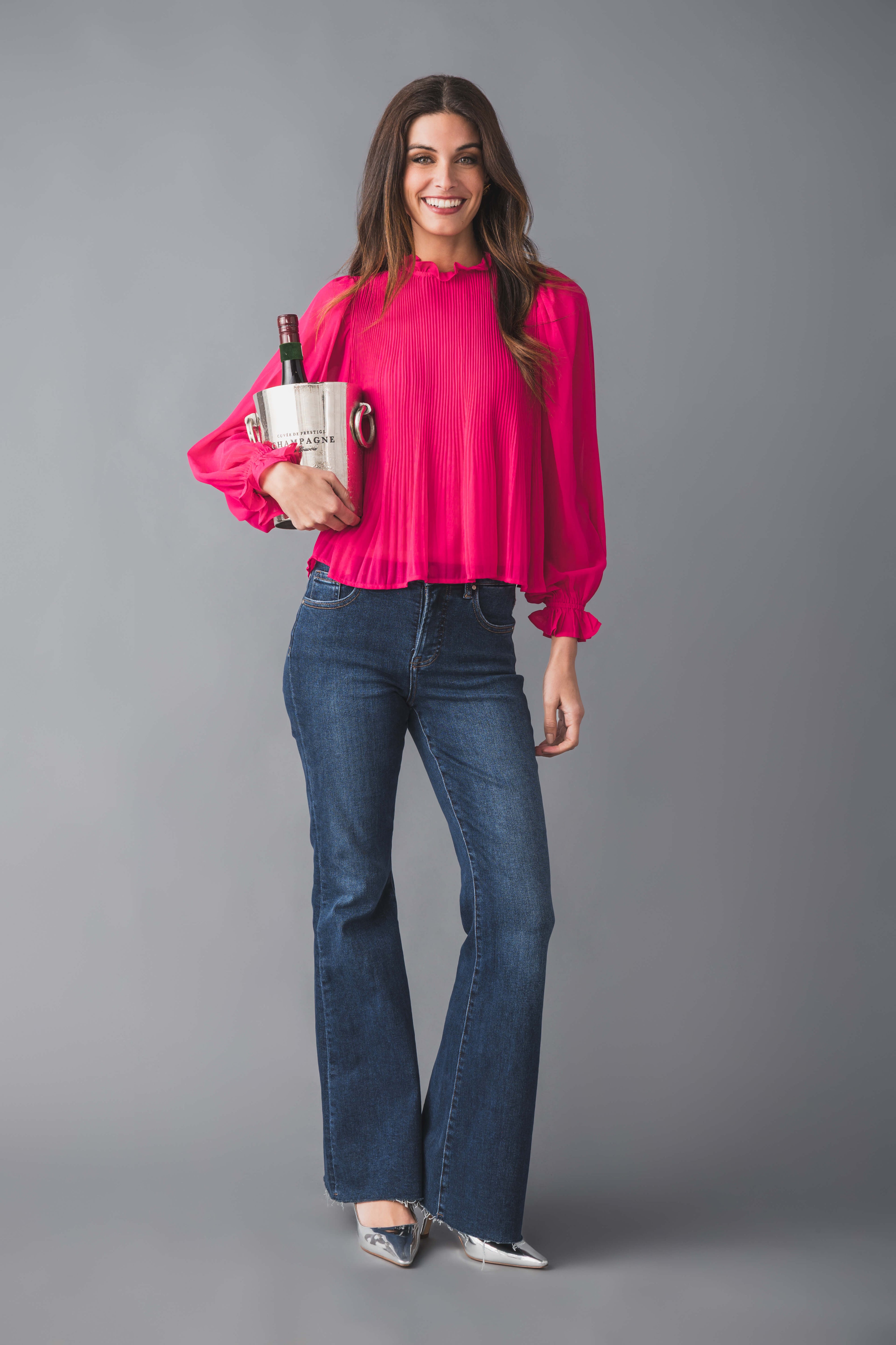 &Merci Pleated High Ruffle Neck Top