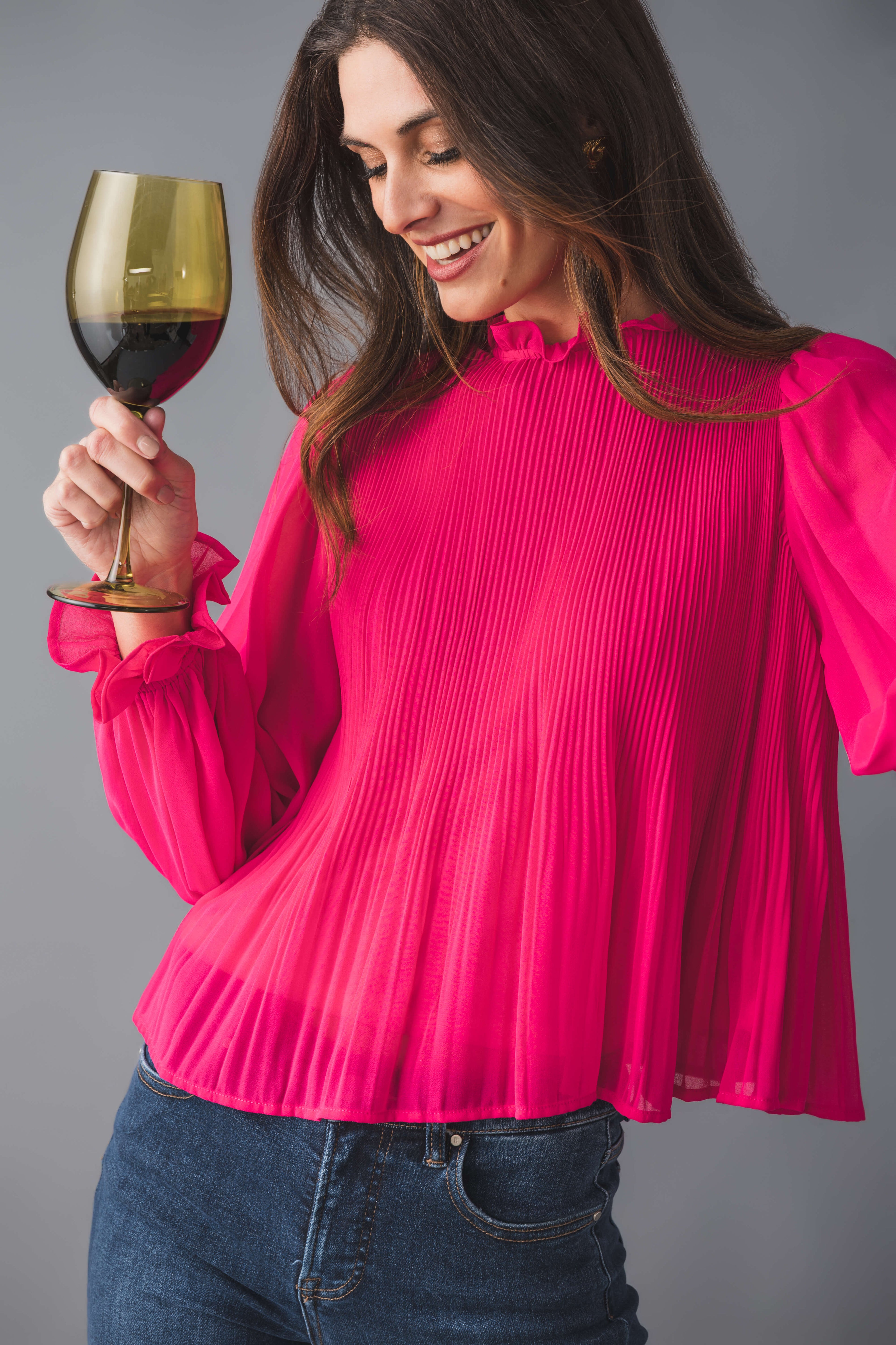 &Merci Pleated High Ruffle Neck Top