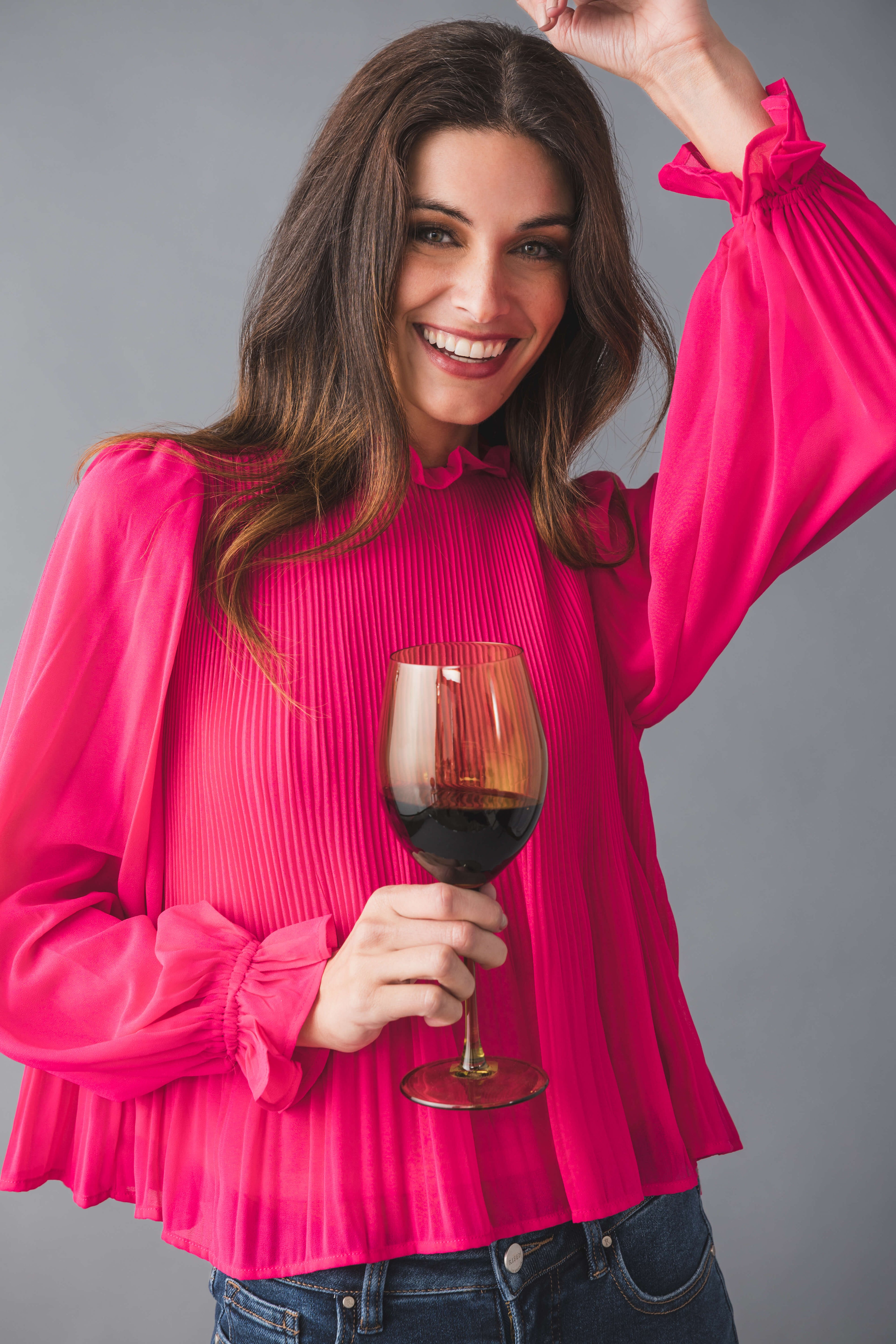 &Merci Pleated High Ruffle Neck Top