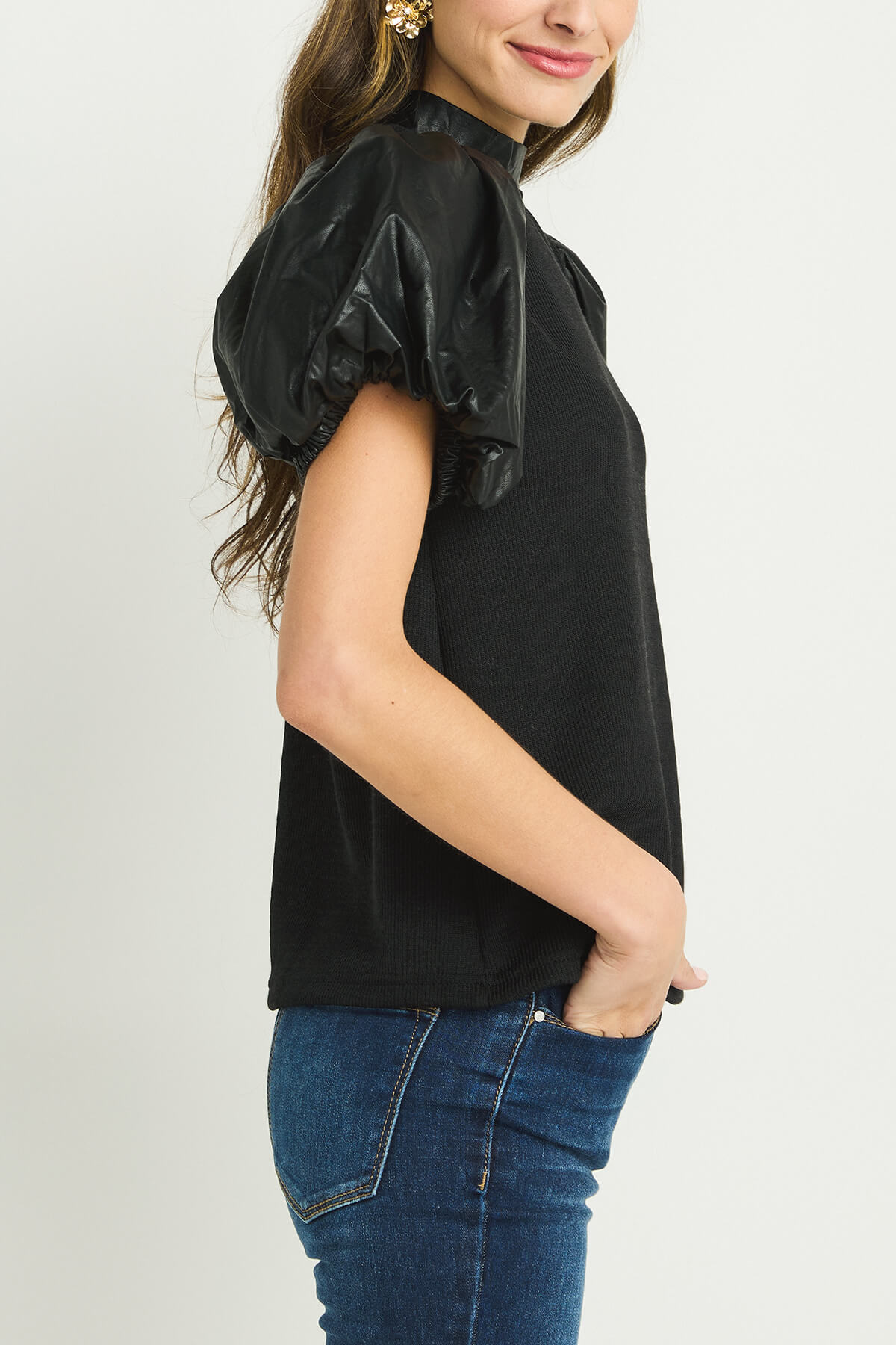 THML Mockneck Leather Puff Sleeve Top
