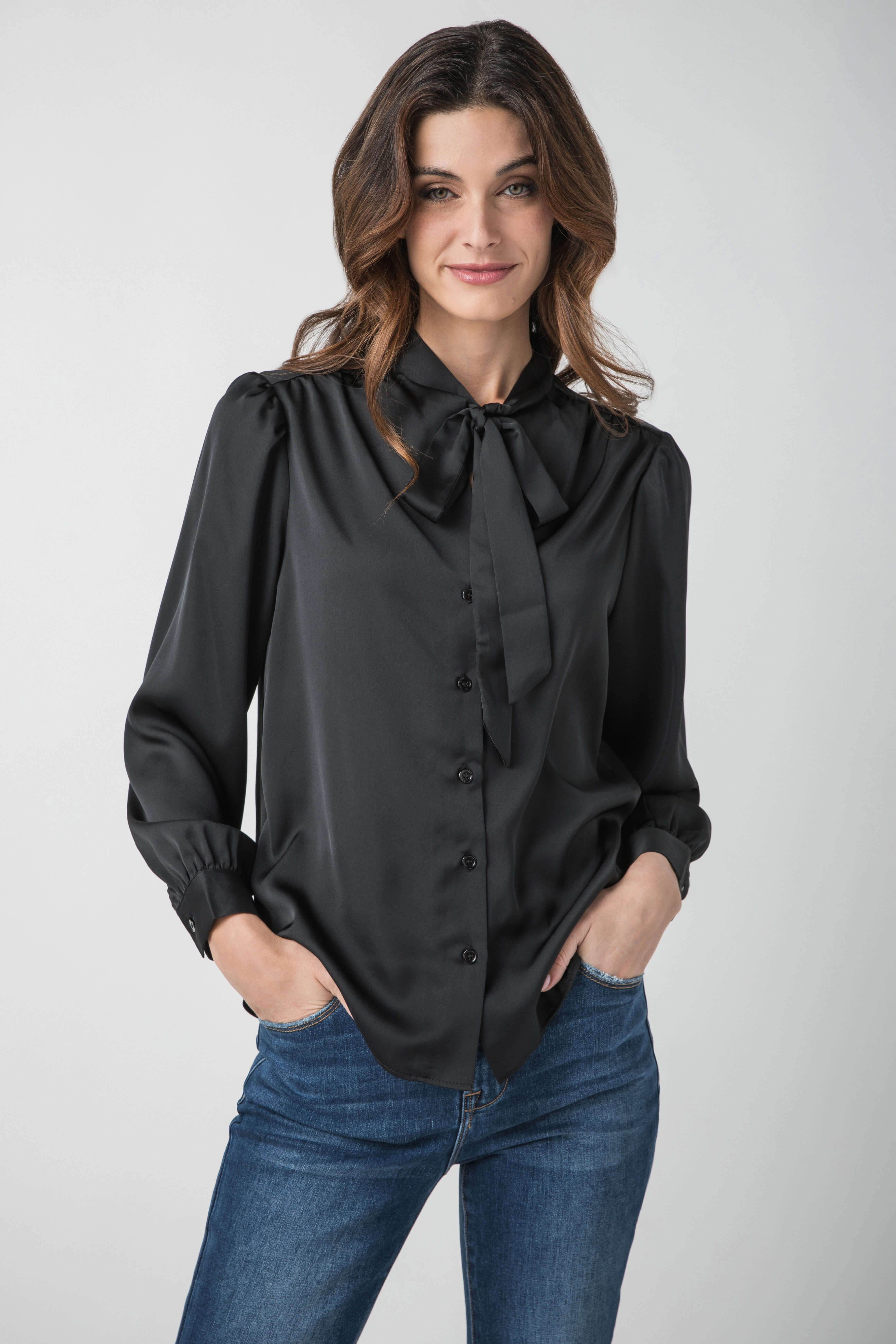 Skies Are Blue Tie Neck Shoulder Shirring Blouse – Social