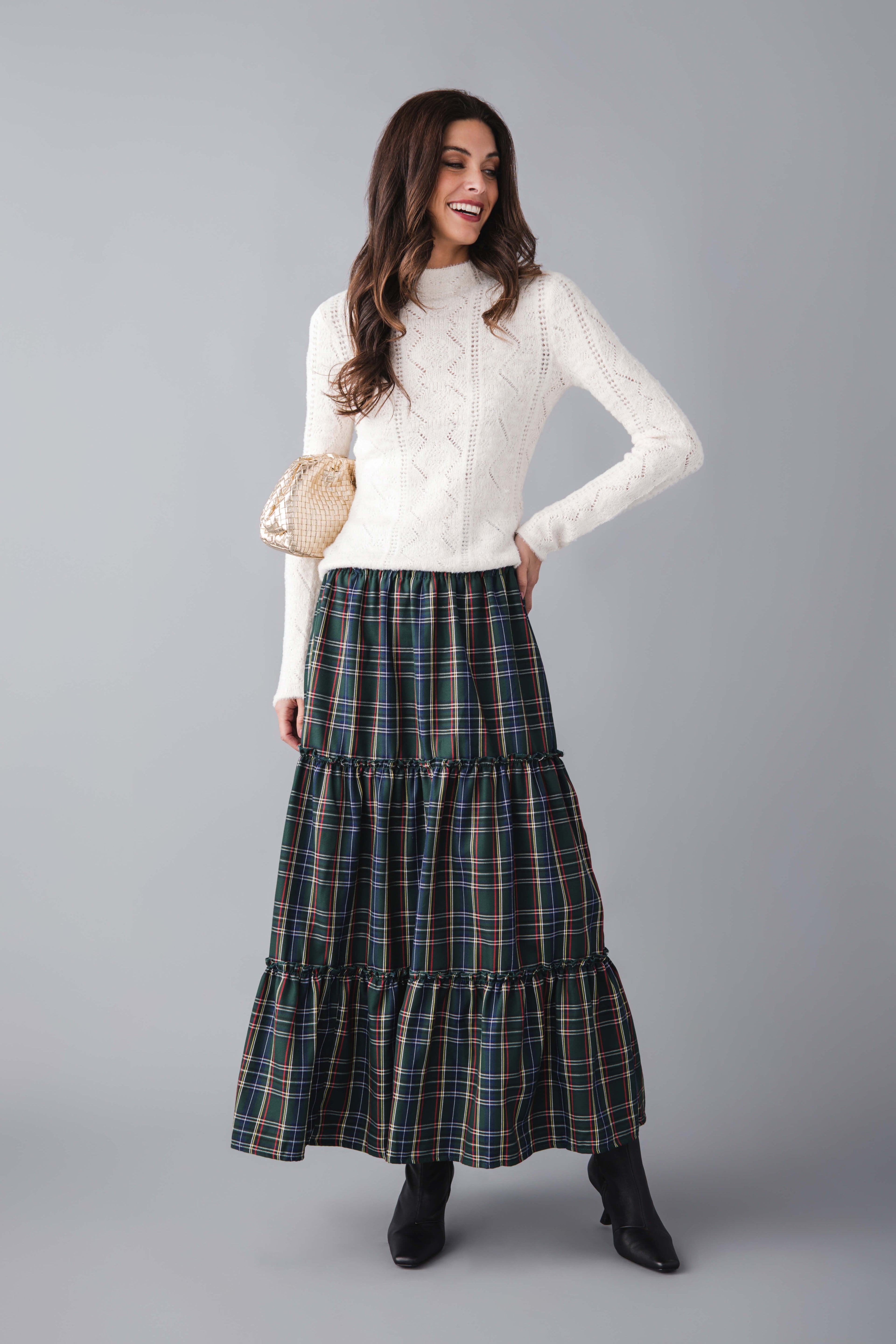 Vine & Love Ruffle Accents Flowy Plaid Maxi Skirt