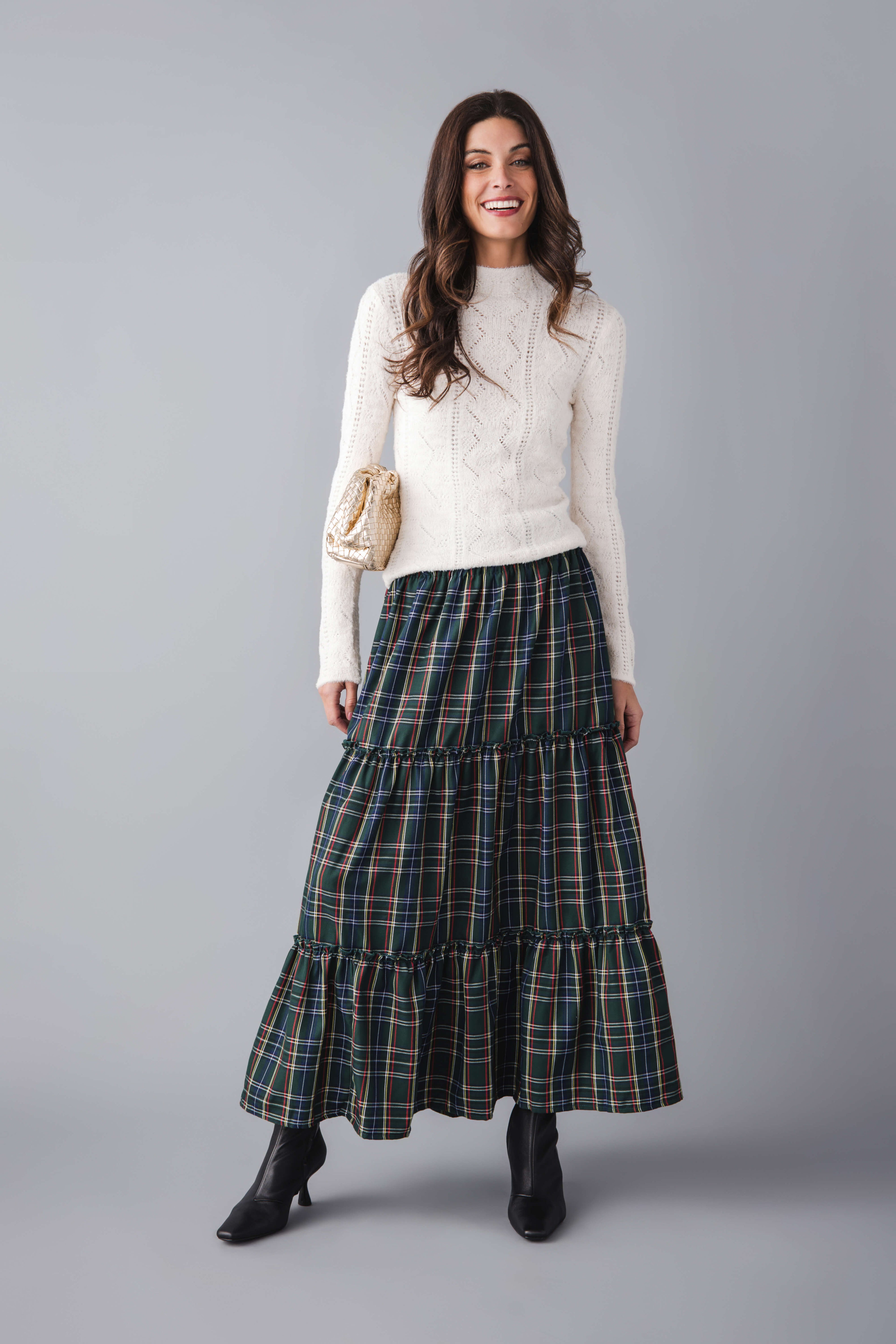 Vine & Love Ruffle Accents Flowy Plaid Maxi Skirt