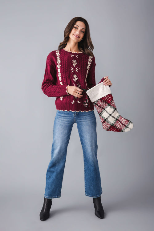 Listicle Floral Embroidered Cable Knit Sweater