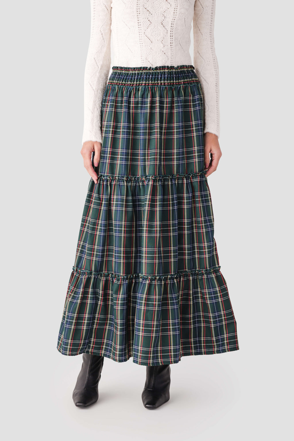 Vine & Love Ruffle Accents Flowy Plaid Maxi Skirt
