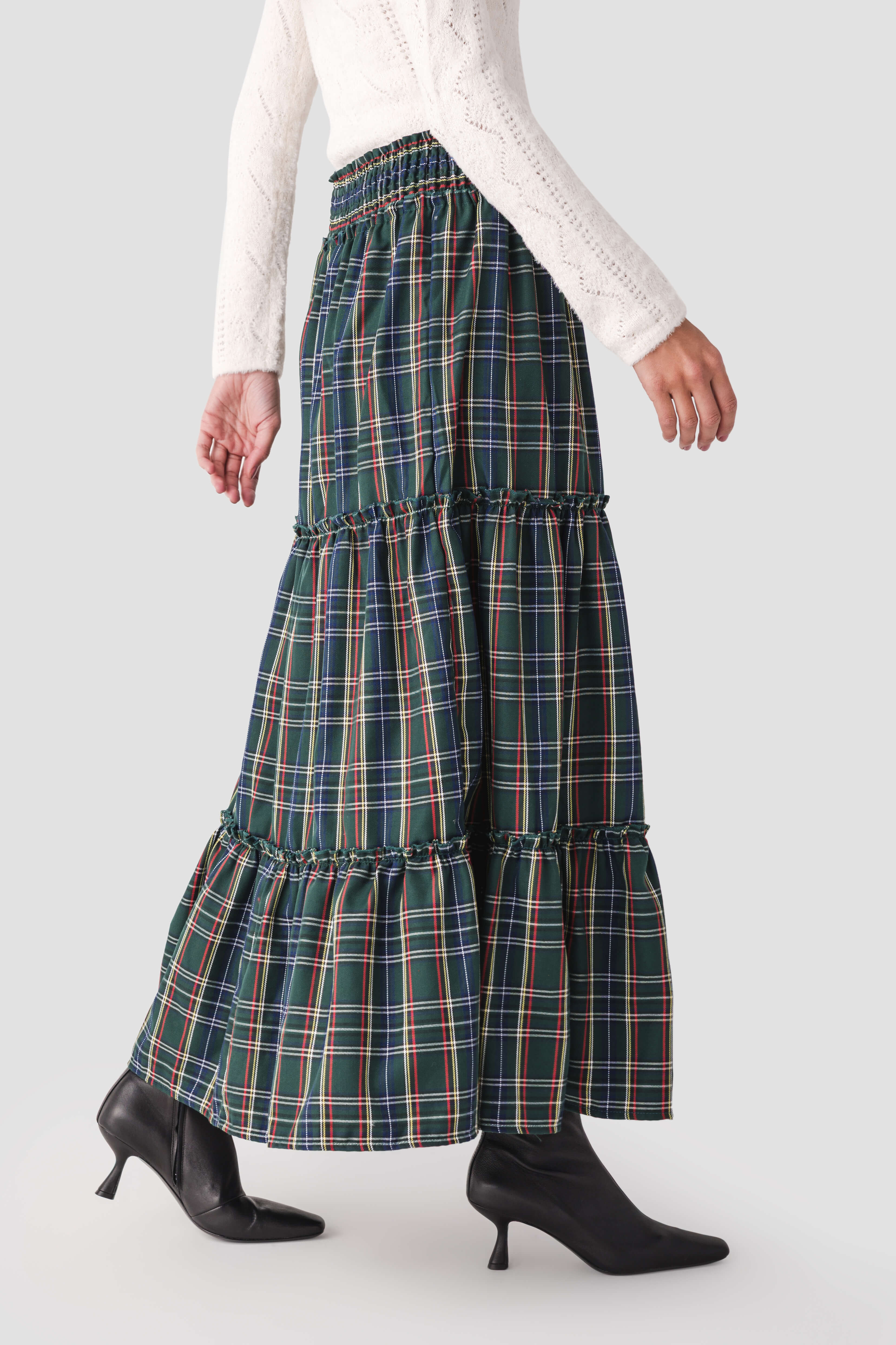 Vine & Love Ruffle Accents Flowy Plaid Maxi Skirt