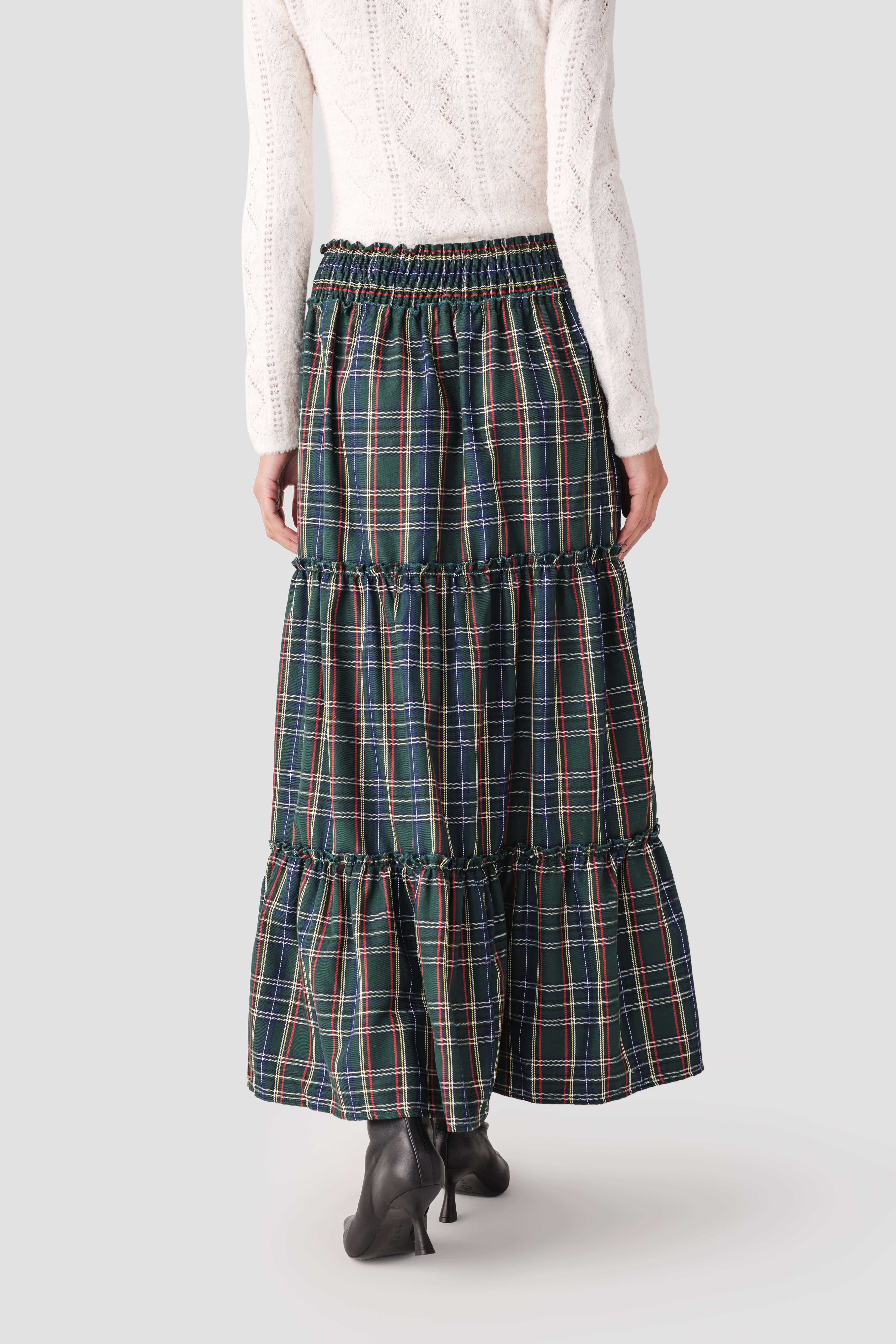 Vine & Love Ruffle Accents Flowy Plaid Maxi Skirt