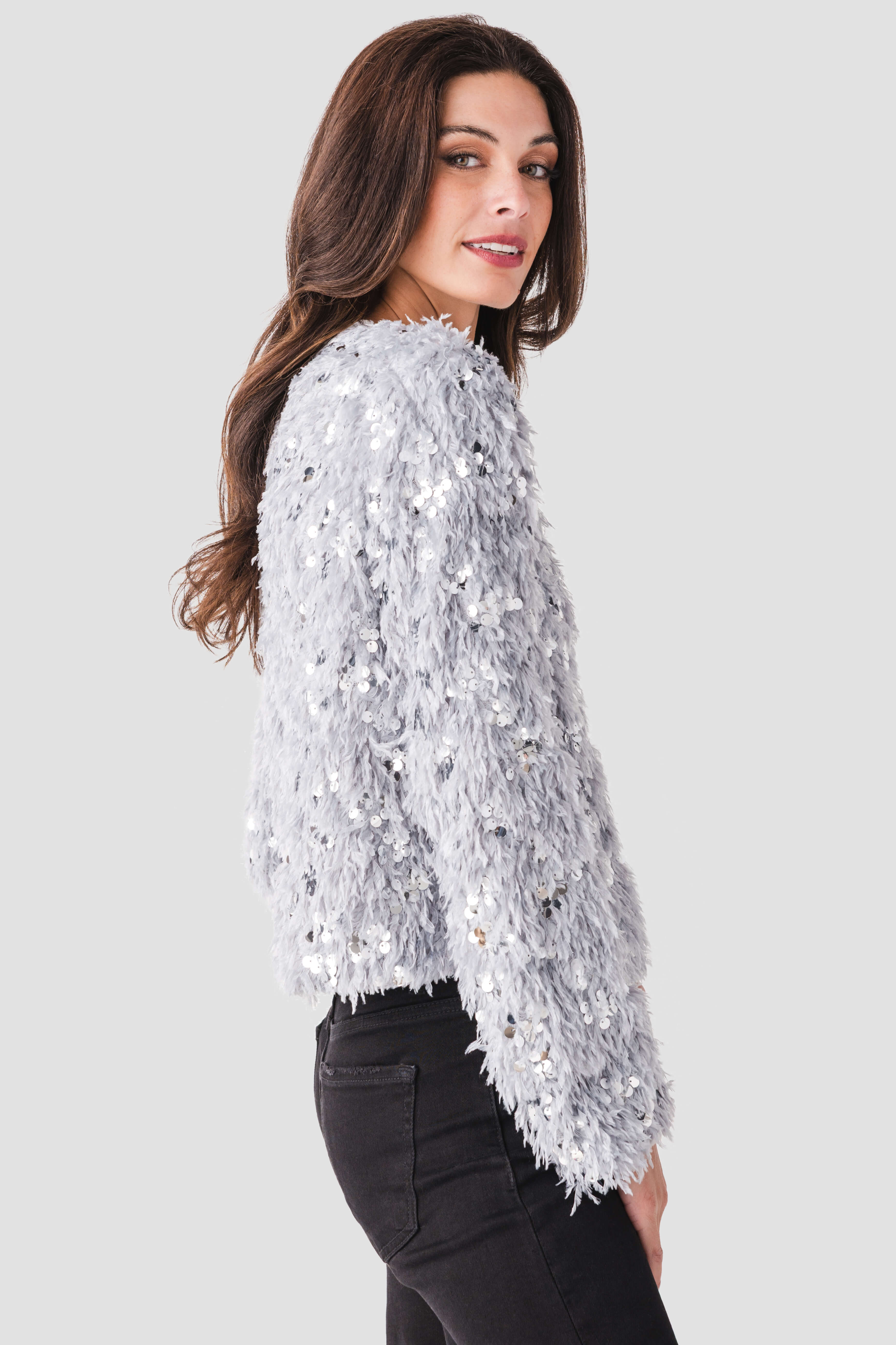 En Creme Sequin Feather Cardigan