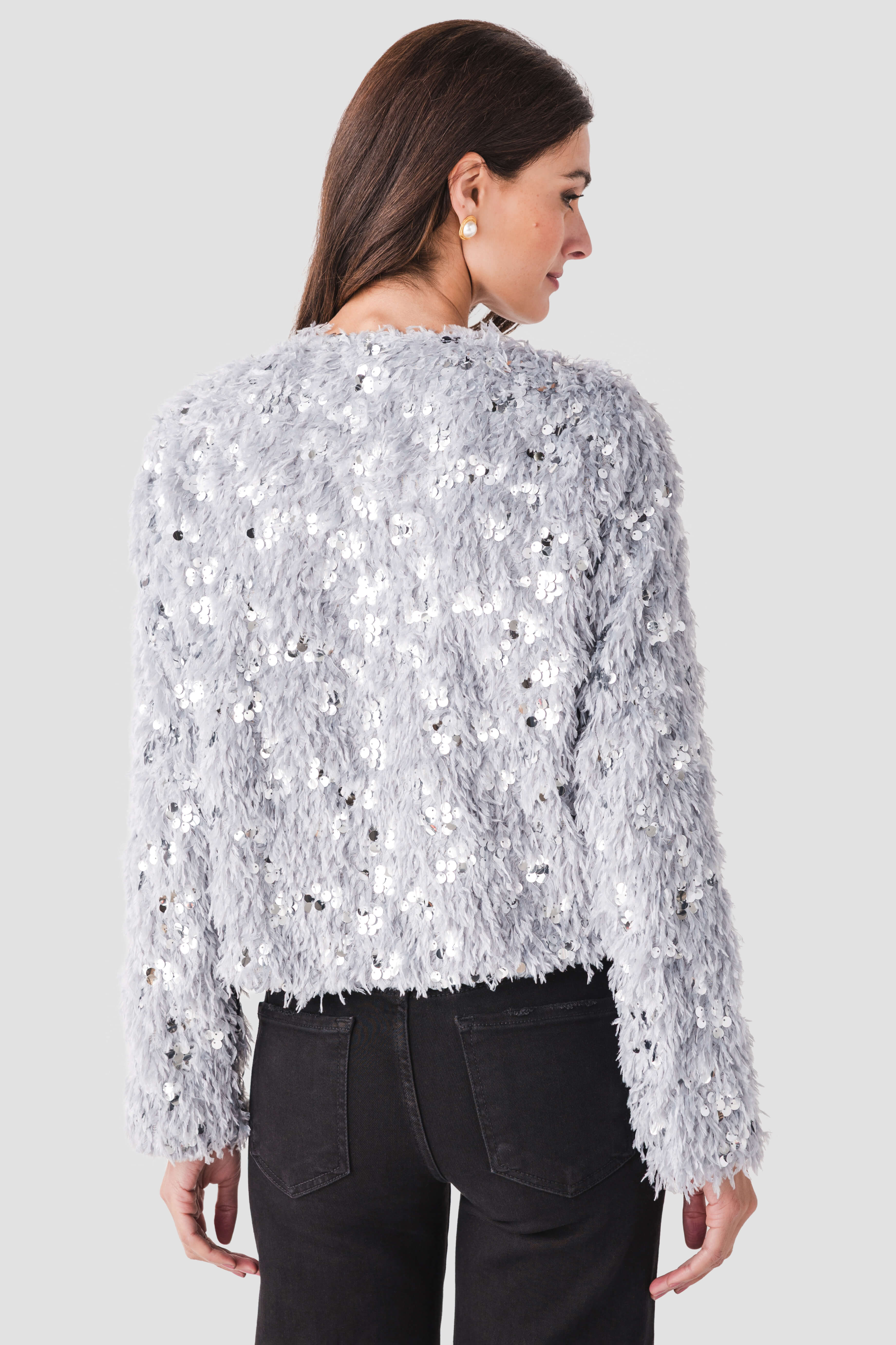 En Creme Sequin Feather Cardigan