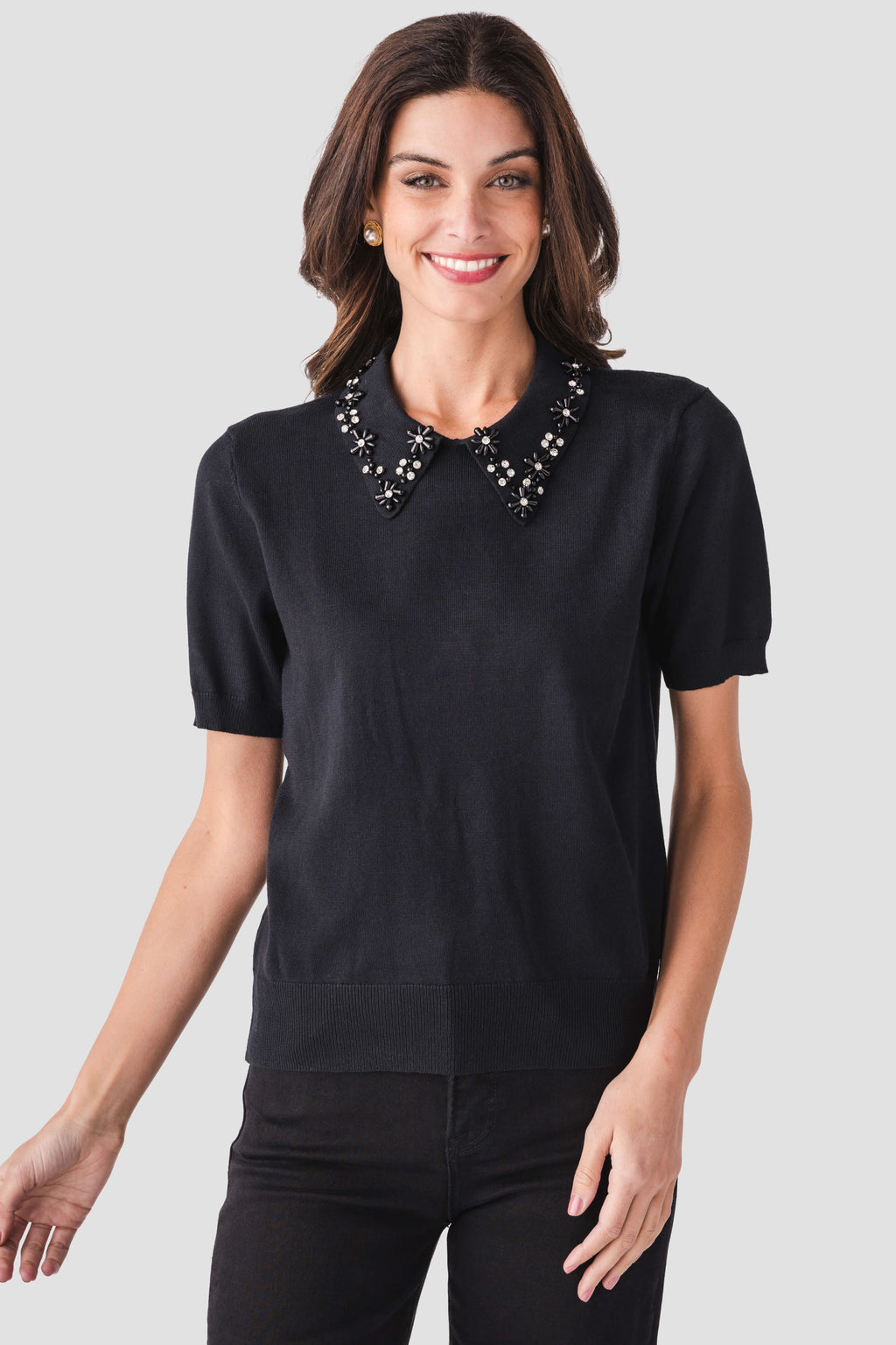 Pinch Embellished Collar Short Sleeve Sweater