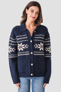 Navy knit cardigan with snowflake fair isle design, collared button front, front pockets